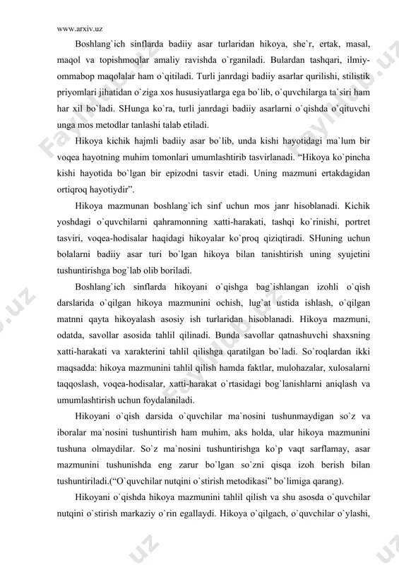 ushuna olmaydilar. so`z ma`nosini tushuntirishga ko`p vaqt sarflamay, asar mazmunini tushunishda eng zarur bo`lgan so`zni qisqa izoh berish bilan tushuntiriladi.(“o`quvchilar nutqini o`stirish metodikasi” bo`limiga qarang). hikoyani o`qishda hikoya mazmunini tahlil qilish va shu asosda o`quvchilar nutqini o`stirish markaziy o`rin egallaydi. hikoya o`qilgach, o`quvchilar o`ylashi, o`z mulohazalarini aytishi uchun tayyorlanishga vaqt berish talab etiladi. o`qilgan asar yuzasidan beriladigan dastlabki savollardan maqsad hikoya bolalarga yoqqan-yoqmagani, undagi qaysi qaxramonning xarakteri bolaga ta`sir etgani, bolalar kim yoki nima haqida hikoya qilib berishni istashini bilishdan iborat. shundan keyingina hikoya xarakterini tushunishga, nihoyat, asarning asosiy g`oyasini bilib olishga yordam beradigan savollardan foydalaniladi. badiiy asarni tahlil qilishda syujetni to`liq tushuntirishga berilib ketib, qatnashuvchilarga xarakteristika, asar qurilishi va tilini tahlil qilish kabi ish turlari e`tibordan chetda qolmasligi lozim. savollarni, odatda, o`qituvchi beradi, ammo asar mazmuni, qatnashuvchi shaxslarning xulq-atvorini ochish yuzasidan o`quvchilarga ham savol tuzdirish juda foydali. bu usul bolalarga juda yoqadi va ishni jonlantiradi; asar mazmunini yaxshi tushunish, …