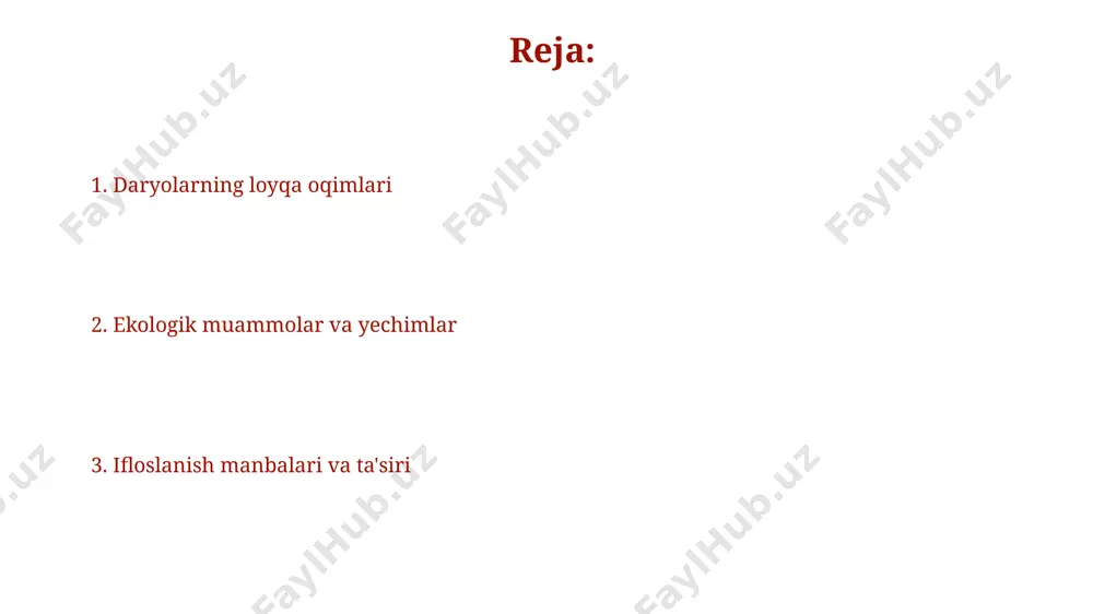 at chiqindilarining tozalashsiz tashlanishi suvning ifloslanishiga va 50 ga yaqin o'simlik turlarining yo'q bo'lib ketish xavfiga olib kelmoqda. davlat tomonidan qo'llaniladigan choralar 2023-yilda oʻzbekistonning amudaryo havzasida 50 dan ortiq suvni tozalash inshootlarini modernizatsiya qilish boʻyicha davlat dasturi ishlab chiqildi, bu esa suvning ifloslanish darajasini 15% ga kamaytirishga qaratilgan. sirdaryo boʻylab joylashgan 3 ta yirik sanoat korxonasi suvni tozalash texnologiyalarini yangilash uchun 2024-yilgacha 10 million aqsh dollaridan ortiq mablagʻ ajratish majburiyatini oldi, bu esa suv sifati indeksini yaxshilashga yordam beradi. suv oqimining tezligi va loyqaligi o'rtasidagi bog'liqlik sirdaryo deltasida oqim tezligining pasayishi (0.5 m/s dan kam) loyqalikning cho'kishiga va daryo tubida qum-tosh jinslarining to'planishiga olib keladi. o'zbekistonning tog'li hududlaridagi daryolarda, masalan, chatqol tizmasida, yomg'irli mavsumda oqim tezligining ortishi loyqalikni 500 g/l gacha oshirishi mumkin. inson salomatligiga ta'siri daryolarning ifloslanishi natijasida yiliga 10 mingdan ortiq odam turli suv orqali yuqadigan kasalliklarga chalinmoqda, jumladan, samarqand viloyatida bu ko'rsatkich yuqori. gidroxlorid kislotasi va og'ir …