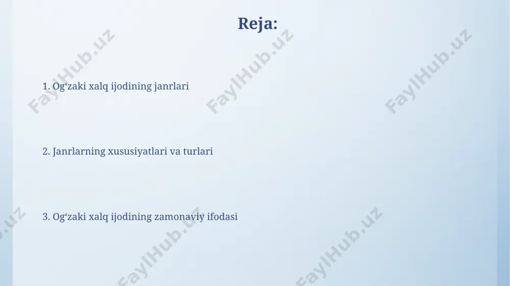 gi bilan ajralib turadi va ularning aksariyati farg'ona vodiysida qayd etilgan. xalq ogʻzaki ijodining janrlari doston janri, masalan, "alpomish" va "rustam" kabi 1000 dan ortiq baytlarga ega asarlarni oʻz ichiga oladi, bu ularning keng tarqalganligini koʻrsatadi. oʻzbek xalq ogʻzaki ijodida 300 dan ortiq maqol va 500 dan ziyod topishmoqlar mavjud boʻlib, ularning aksariyati buxoro, samarqand va xivada yigʻilgan. afsonalar va rivoyatlar ўзбекистоннинг турли минтақаларидаги афсона ва ривоятларда 20 дан ортиқ турли хилли эпик қаҳрамонлар ва 7 тадан ортиқ асосий сюжет линияси мавжуд. баъзи афсона ва ривоятлардаги фантастик элементлар, масалан, 5 бош аждарлар ёки сеҳрли буюмлар, маҳаллий этнографик элементлар билан уйғунлашиб кетади. topishmoqlar topishmoqlar, bolalarning mantiqiy fikrlash qobiliyatini rivojlantirishda muhim ahamiyatga ega bo'lib, 5 yoshdan 12 yoshgacha bo'lgan bolalar orasida mashhurdir. topishmoqlarning 200 dan ortiq turi mavjud bo'lib, ularning aksariyati o'zbekistonning turli hududlarida, masalan, xorazm va buxoroda keng tarqalgan. maqol va matallar maqol va matallar tarkibida 30 dan ortiq turli xil …