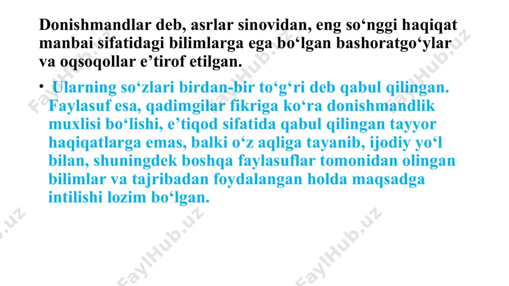 arildi demak, falsafa dunyoqarash shakli sifatida olamni inson va dunyoning o‘zaro munosabatlari nuqtai nazaridan o‘rganadi. dunyoqarash obyekti – butun dunyo, biroq uning predmeti – tabiat dunyosi va inson dunyosining o‘zaro munosabatidir. bundan uning muammolari doirasi kelib chiqadi. insonning dunyodagi o‘rni qanday? umuman, dunyoning o‘zi nima? inson hayotining mazmuni nimadan iborat? vaqt, makon va harakat nima? falsafaning mazmuni va bosh vazifasi haqidagi qarashlar. qadim zamonlarda platon shunday degan edi: «toki davlatlarda faylasuflar podsholik qilmas ekanlar yoki hozirgi shohlar va podsholar oqilona falsafiy mulohaza yuritishni o‘rganmas va davlat hokimiyati bilan falsafaning mushtarakligi qaror topmas ekan, davlat yovuzliklardan xalos bo‘la olmaydi». platon inson tanasi haqida gap borganda tabiblarni, o‘simliklar to‘g‘risida so‘z yuritilganda esa – ziroatchilarni donishmandlar deb ataydi. u o‘zining «ideal davlat» haqidagi nazariyasida jamiyatni uch tabaqaga: davlat arboblari – faylasuflar; soqchilar (harbiylar); dehqonlar va hunarmandlarga ajratadi, bunday davlatda donolik, jasorat, sabr-bardoshlilik va adolat kabi to‘rt tamoyil ustuvor bo‘lishi lozimligini ta’kidlaydi. «falsafa nimani …