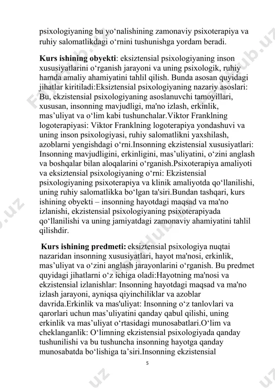 or frankl va logoterapiya viktor frankl va logoterapiya viktor frankl (1905–1997) – avstriyalik nevrolog va psixiatrist bo‘lib, u ekzistensial psixologiyaning yirik vakillaridan biri hisoblanadi. u o‘zining hayotini o‘zgartirgan tajribalarni asos qilib, logoterapiya deb ataluvchi psixoterapevtik yondashuvni ishlab chiqqan. logoterapiya, asosan, insonning hayotdagi ma'nosini izlashga qaratilgan yondashuv bo‘lib, frankl bu usulni o‘zining o‘ziga xos psixologik izlanishlari va ikkinchi jahon urushi davrida boshidan kechirgan konsentratsion lagerdagi tajribalari asosida yaratgan. frankl o‘z asarlarida, insonning hayotdagi eng katta ehtiyoji – bu hayotning ma'nosini topish deb ta'kidlaydi. u, insonlarning psixologik muammolari va ruhiy holatlari ko‘pincha hayotning ma'nosini topa olmaslikdan kelib chiqishini anglatadi. franklning fikricha, insonning asosiy psixologik motivi hayotning ma'nosini izlashdir, va har bir inson o‘zining shaxsiy hayot maqsadini izlashda to‘liq erkin. ushbu yondashuvga ko‘ra, insonning qayg‘u, stress, depressiya va boshqa ruhiy muammolarini yengishda, uni ma'no izlashga undash zarur. logoterapiya atamasi grekcha "logos" (ma'no) so‘zidan kelib chiqadi va uning mohiyati insonlarning hayotga ma'no kiritishlari orqali …