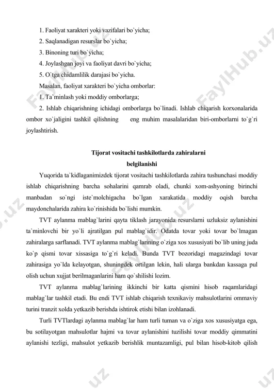 ddiy qimmatini aylanishi tezligi, mahsulot yetkazib berishlik muntazamligi, pul bilan hisob-kitob qilish shakli, u yoki bu tijorat vositachilik tashkilotlari bajarilayotgan muayyan vazifalarga bog`liqdir. masalan, yog`och taxta yetkazib berishga ixtisoslashgan hamda asosan tranzit operatsiyalarini amalga oshiruvchi tvtlar hisob raqami zahirasida aylanma mablag`larning arzimagan umumiy qismi, uning asosiy qismini esa hisob-kitoblardagi pul mablag`lari tashkil etadi. buni uning o`ziga xos jihatlariga ta`luqli ekan bilan izohlash mumkin. neft mahsulotlari yoki metalli mahsulotlar yetkazib berish bilan shug`ullanuvchi tvtlarda, aylanma mablag`lari odatda taxminan teng taqsimlangan bo`ladi. chunki bu tvtlar sezilarli ko`lamda ombordan tranzit operatsiyalarni amalga oshiradi. hisob-kitoblarda ishtirok etadi. tvt aylanma mablag`larini ikki guruhga ajratish mumkin: jalb etish va aylanma ishlab chiqarish fondi. jalb etish fondiga tovarlar qiymati. pul mablag`i hisoblardagi mablag`lar aylanma ishlab chiqarish foydalariga barcha boshqa, asosiy fondiga ta`luqli bo`lmagan moddiy qimmatliklar kiradi. tvt aylanma mablag`lari manbalari bo`lib, o`z mablag`lari bilan bank krediti, kreditorlik qarzi va boshqalar hisoblanadi. tvt tashkil etishda, xo`jalik faoliyatini me`yorida …