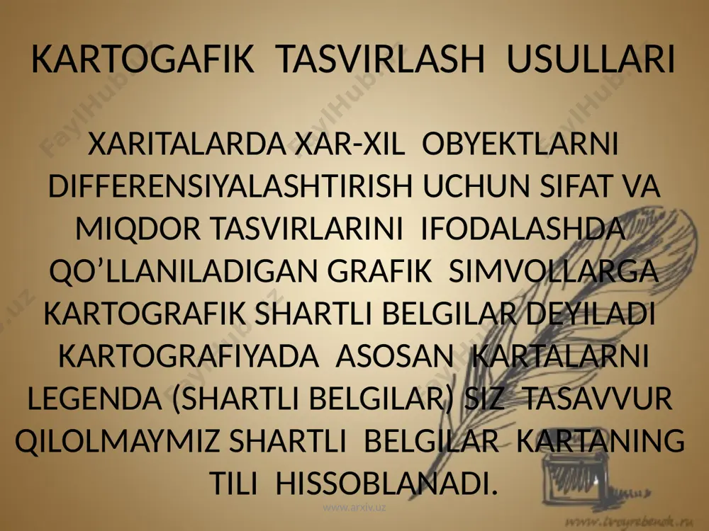 hiziqlar usuli www.arxiv.uz nuqtalar usuli bu usuldan voqea va hodisalarning geografik tarqalishini statistik ma’lumotlar asosida tasvirlashda foydalaniladi.nuqtalar usulida miqdor va sifat ko’rsatkichlari nuqtalar yordamida tasvirlanadi. www.arxiv.uz nuqtalar usuli www.arxiv.uz kartodiagramma usuli siyosiy-ma’muriy va tabiiy chegarali hududlarda voqea va hodisalarning geografik tarqalishi diogrammalar yordamida tasvirlanishi kartodiogramma usuli deyiladi. kartodiagramma statistik usul hisoblanib, u bilan turli kartalarni(tabiiy,ijtimoiy-iqtisodiy, qishloq xo’jaligi)tuzish mumkin. www.arxiv.uz kartodiagramma usuli www.arxiv.uz kartogramma usuli muayyan chegaradagi(asosan mamuriy chegara doirasidagi)voqea va hodisalarni nisbiy miqdorda ko’rsatish usuluga aytiladi.kartodiogrammaga o’xshab kartogramma usuli xam statistik usul bo’lib,ko’proq ijtimoiy-iqtisodiy kartalar tuzishda qo’llaniladi. lekin bu ikki usul bir-biridan farq qilib, kartogrammada nisbiy miqdorda beriladi. www.arxiv.uz kartogramma usuli www.arxiv.uz chiziqli belgilar usuli kartalarda voqea hodisalar miqdor ko’rsakichi chiziqlar yo’g’onligi bilan,sifat ko’rsatkichi esa rang yoki shitrixli belgilar bilan tasvirlansa chiziqli belgilar usulu deb yuritiladi. www.arxiv.uz chiziqli belgilar usuli www.arxiv.uz bir joyga tegishli diogrammalar usuli bu usul yordamida kartalarda tasvirlangan narsa va hodisalarni absolyut va nisbiy nuqtalarda ko’rsatish mumkin. …