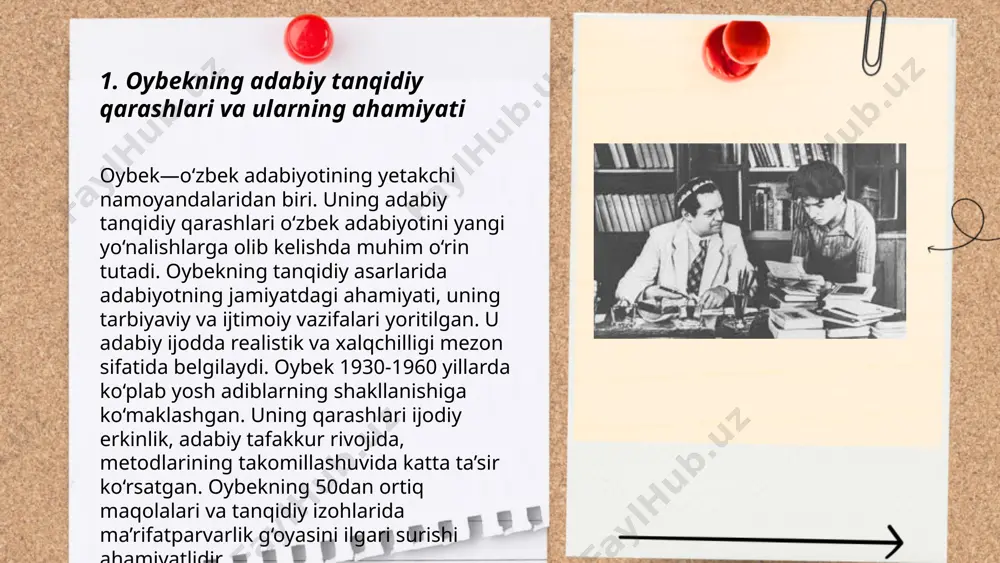 slaydai_bot abdurahmon saʼdiy asarlarini oybekning tanqid qilishi 20-asr o'zbek adabiyotida muhim hodisalardan biri hisoblanadi. oybek, taniqli adib va tahlilchi, saʼdiy asarlaridagi ba'zi g'oyalar va syujetlarni o'z tahlilida ko'rib chiqqan. oybekning 1930-yillarda yozgan maqolalari va tanqidlari saʼdiy asarlarining mazmunini, ularning o'ziga xosligini va ijtimoiy ahamiyatini tushunishda muhim rol o'ynagan. oybek saʼdiy asarlarini o'z davrining ruhiga va ijtimoiy masalalariga munosib tarzda baholagan. 1940-yillarda oybek saʼdiy asarlaridan ilhomlanib, o'zining ba'zi asarlarini yaratgan. bu tanqidlar o'zbek adabiyotidagi yangiliklar va rivojlanishlar uchun zamin yaratgan. ... t.me/slaydai_bot 7. oybekning adabiy-tanqidiy metodlari oybek, o‘zbek adabiyotining yetuk vakillaridan biri, adabiy-tanqidiy metodlari bilan ajralib turadi. uning tanqidiy yondashuvi asosan realistik aniqlikka tayanib, atrofidagi hayotni chuqur tahlil qilishga asoslanadi. oybek o‘z asarlarida ijtimoiy muammolarni yorqin va aniq tasvirlash orqali o‘quvchilarga ta'sir o'tkazishga harakat qilgan. u muallifning shaxsiy nuqtai nazarini asarlari orqali ifodalagan va bu usulda zamonaviy o‘zbek adabiyotida katta iz qoldirgan. oybekning adabiy-tanqidiy metodlari, xususan, uning tahliliy yondashuvi va ijtimoiy …