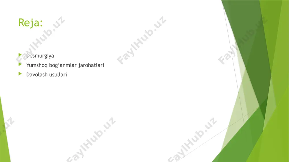 lash va kuchaytirish maqsadida maxsus dasturlar tayyorlanadi. agar jarohat uzoq muddat davom etsa yoki og‘riq kuchayib borsa, mutaxassisga murojaat qilish muhimdir. jarohat turlari va o‘ziga xosligi 1. kuchlanishlar: • yengil kuchlanish: mushak va bog‘lamlarda kichik yirtilishlar, ko‘pincha yengil og‘riq bilan. • o‘rtacha kuchlanish: mushak to‘qimasida o‘rta darajadagi yirtilish, harakatda cheklanish va og‘riq. • og‘ir kuchlanish: bog‘lamning to‘liq yirtilishi, harakat qobiliyati yo‘qolishi. 2. yirtilishlar: • tendon yirtilishi: tendonlarning to‘g‘ri ishlamasligi, odatda og‘ir jarohatlar va mushak kuchining pasayishi bilan kechadi. jarohatni oldini olish 1. tayyorlov mashqlari: sportdan oldin mushaklarni tayyorlash uchun ishtirok etish. 2. texnika: to‘g‘ri texnikani o‘rganish, ayniqsa sport faoliyatida. 3. uyg‘unlik: yaxshi jihozlar va kiyimlar tanlash, masalan, sport poyabzalining to‘g‘ri bo‘lishi qachon mutaxassislarga murojaat qilish • agar og‘riq kuchayib borsa yoki uzoq davom etsa. • harakat qobiliyati juda cheklangan bo‘lsa. • shikastlangan joyda o‘tkir shishish yoki qon ketish ko‘rsatilsa. e’tiboringiz uchun rahmat! image1.jpg image2.jpg image3.jpg image4.jpg /docprops/thumbnail.jpeg