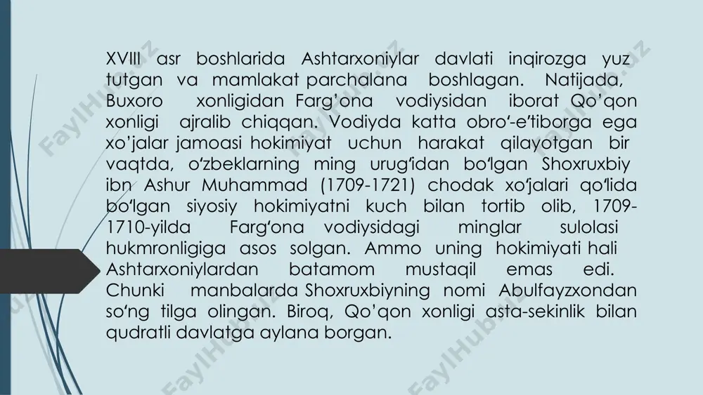 binolarni bezatish uchun gul namunalari keng qoʻllanilib, shriftlarga boʻyoqli naqshlar chizish, naqshlarni ganchga oʻyib solish odat boʻladi. qoʻqon shu kunga qadar saqlanib qolgan tarixiy meʼmorchilik yodgorliklari bilan samarqand, xiva, buxorodan keyin toʻrtinchi oʻrinda turgan. fargʻona vodiysida 1740-yil eski oʻrda oʻrnida xozirgi qoʻqon shahriga asos solinishi xonlikning turli shaharlarida bunyod etilgan koʻplab oʻrdalar, bozorlar, karvonsaroylar, masjidlar, xonaqolar, qorixonalar madrasalar, chunonchi mir (1798),norboʻta, xonmirza yodgor (1830), xazrati sohib (1861), xudoyorxon (1850, 1870-yillari qoʻqonda, 1873-yil namanganda, 1874-1875-yili shohobodda, chustda), hokimoyim (1869), sulton murodxon (1871), ma’rufxontoʻra (namangan va asakada), olimbek (oʻshda), nasriddinbek (andijonda), toshkentda xix asrda qurilgan beklar begi, mo’yi muborak, eshonqul dodxoh, yunusxon, abulqosim madrasalarini dalil sifatida koʻrsatish mumkin norboʻtabiy madrasasi (madrasai mir) — qoʻqondagi meʼmoriy yodgorlik (18-asr oxiri). qoʻqon xoni norboʻtabiy xukmronligi davrida qurilgan. xalq orasida madrasai mir nomi bilan ham yuritiladi. norboʻtabiy madrasasi chorsu maydoni yaqinida qurilgan. bir qavatli, hovlili, toʻgʻri toʻrtburchak tarhli (52x72 m), 4 burchagiga minora-guldastalar ishlangan. hovli (38x38 …