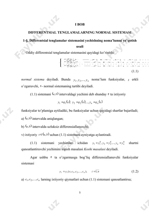li sistemani yechishning dalamber usuli bilan tanishamiz. bu usulni ikki noma’lumli ikkita tenglamalar sistemasi uchun qo’llaymiz. ushbu sistema berilgan bo’lsin. (1.14) bu sistemani ikkinchi tenglamasini noma’lum soniga ko’paytirib, birinchi tenglamaga hadma-had qo’shamiz, yig’indini differensiallash formulasidan foydalansak ifoda hosil bo’ladi. tenglikni o’ng tomonidagi birinchi hadni qavsdan tashqariga chiqarsak, (1.15) sonni shunday tanlaymizki, u ushbu tenglamaning yechimi bo’lsin. faraz qilaylik va sonlar so’ngi tenglamani ildizlari bo’lib . u holda bu sonlarni (1.15) ga qo’yib, (1.16) ko’rinishdagi ifodaga nisbatan chiziqli ikkita tenglama hosil bo’ladi. (1.16) tenglamalarni integrallab, (1.17) ko’rinishdagi oddiy tenglamalar sistemasiga ega bo’lamiz. so’ngi sistemani va larga nisbatan yechib, (1.14) differensial tenglamalar sistemasining umumiy yechimini hosil qilamiz. agar bo’lsa, (1.15) faqat bitta tenglamadan iborat bo’lib, (1.18) yechimni olamiz. buni yoki ga nisbatan yechib, (1.14) sistemani ixtiyoriy bitta tenglamasiga qo’yamiz va hosil bo’lgan tenglamani yechamiz. misol 4. sistemani dalamber usulida yeching: yechish. berilgan tenglamada . sistemani ikkinchi tenglamasini ga ko’paytirib, hadma-had qo’shsak, (1.15) …