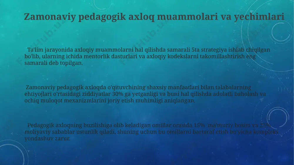 shlarida ilk bor shakllanib, axloqiy tarbiyani muhim deb hisoblashgan. 18-asrda paydo bo‘lgan ta’lim islohotlari, j.j. russo va i. kant kabi mutafakkirlarning gumanistik g‘oyalari pedagogik axloqning rivojlanishiga sezilarli ta’sir ko‘rsatib, shaxsga hurmat va o‘z-o‘zini rivojlantirishga e’tiborni kuchaytirgan. pedagogik axloqning asosiy tamoyillari va qadriyatlari o‘qituvchining 10 ta professional vazifasiga pedagogik axloq qoidalari rioya qilinishi, o‘quv jarayonining samaradorligini oshirish va ijtimoiy-ma’naviy muhitni yaxshilash kiradi. pedagogik axloqning asosiy tamoyillaridan biri – o‘quvchilarning shaxsiy huquqlarini hurmat qilish va ularning 3 ta asosiy ehtiyojlarini (jismoniy, emotsional, intellektual) qondirishga qaratilgan faoliyatni amalga oshirishdir. pedagogik axloq 5 ta muhim qadriyatga asoslanadi: adolat, halollik, hurmat, mas’uliyat va bag‘rikenglik. ushbu qadriyatlar o‘qituvchilarning professional xulq-atvorini shakllantiradi. e'tiboringiz uchun rahmat @taqdimot_robot image3.png