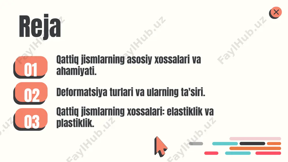 larga bo'linadi. elastik deformatsiya qattiq jismlarning boshlang'ich holatiga qaytishiga imkon beradi, plastik deformatsiya esa jismlarning shaklini o'zgartiradi. deformatsiya turlari qattiq jismlarning fizik xususiyatlariga ta'sir qiladi. elastik deformatsiya vaqtinchalik bo'lsa, plastik deformatsiya jismlarning mustahkamligini pasaytirishi mumkin. deformatsiya va qattiq jismlarga ta'siri elastik deformatsiya qattiq jismlarning stressga bo'ysunishini ko'rsatadi, plastik deformatsiya esa ularning ichki strukturasini o'zgartiradi. deformatsiyalar qattiq jismlarning xossalariga ta'sir qiladi, masalan, kuchlanish, mustahkamlik va uzayish darajalariga. bu xususiyatlar materialning foydalanish muddatiga ta'sir qiladi. deformatsiyaning qattiq jismlarga ta'siri deformatsiya jarayoni qattiq jismlarning fizik xossalariga ta'sir qiladi. bu jarayon qattiq jismlarning mustahkamligiga, elastikligiga va deformatsiya chegarasiga o'zgarishlar kiritadi. 1. **deformatsiyaning ta'siri:** deformatsiya qattiq jismlarda stress va strain hosil qiladi, bu esa ularning xususiyatlarini o'zgartiradi. 2. **misollar:** misol sifatida, metallarning deformatsiyaga uchrashi ularning kuchlanish darajasini o'zgartiradi. masalan, temirning deformatsiyasi uning mustahkamligini pasaytirishi mumkin. 3. **o'zgarishlar:** deformatsiya jarayonida qattiq jismlarning ichki tuzilishi o'zgaradi, bu esa ularning ishlash qobiliyatiga ta'sir qiladi. natijada, deformatsiya qattiq jismlarning …