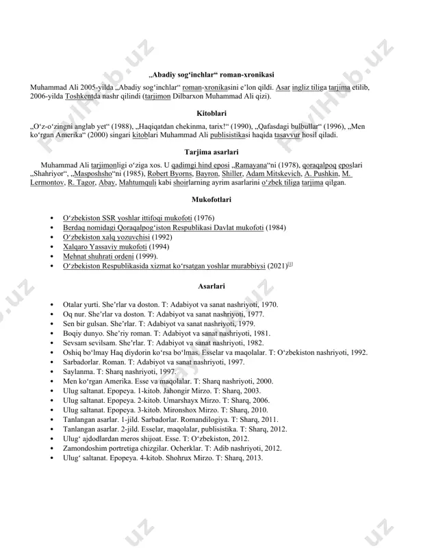 gi qoraqalpogʻiston respublikasi davlat mukofoti (1984) · oʻzbekiston xalq yozuvchisi (1992) · xalqaro yassaviy mukofoti (1994) · mehnat shuhrati ordeni (1999). · oʻzbekiston respublikasida xizmat koʻrsatgan yoshlar murabbiysi (2021)[1] asarlari · otalar yurti. sheʼrlar va doston. t: adabiyot va sanat nashriyoti, 1970. · oq nur. sheʼrlar va doston. t: adabiyot va sanat nashriyoti, 1977. · sen bir gulsan. sheʼrlar. t: adabiyot va sanat nashriyoti, 1979. · boqiy dunyo. sheʼriy roman. t: adabiyot va sanat nashriyoti, 1981. · sevsam sevilsam. sheʼrlar. t: adabiyot va sanat nashriyoti, 1982. · oshiq boʻlmay haq diydorin koʻrsa boʻlmas. esselar va maqolalar. t: oʻzbekiston nashriyoti, 1992. · sarbadorlar. roman. t: adabiyot va sanat nashriyoti, 1997. · saylanma. t: sharq nashriyoti, 1997. · men koʻrgan amerika. esse va maqolalar. t: sharq nashriyoti, 2000. · ulug saltanat. epopeya. 1-kitob. jahongir mirzo. t: sharq, 2003. · ulug saltanat. epopeya. 2-kitob. umarshayx mirzo. t: sharq, 2006. · ulug saltanat. epopeya. …