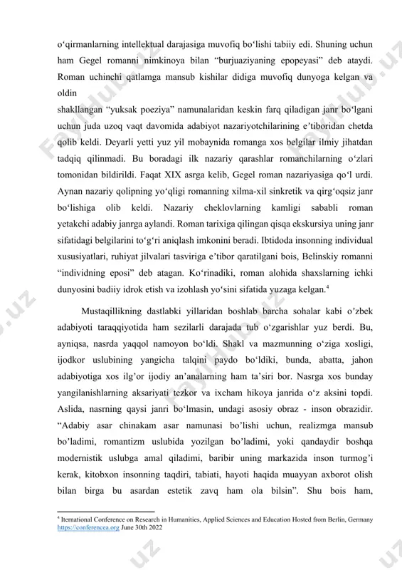 lda paydo boʻlishiga sabab nima? maʼlumki, antik davrdan qolgan anʼanaga koʻra barcha badiiy asarlar “yuksak poeziya” shaklida boʻlib, ularga maʼbudlar, kohinlar, saltanat egalari, kam deganda, aslzodalar qahramon qilib olinardi. uchinchi qatlam, yaʼni, mehnat kishilari uchun bu asarlarning tili tushunarsizligidan tashqari, qahramonlari ham mutlaqo begona edi. holbuki, bu davrga kelib uchinchi qatlam ham son jihatidan, ham iqtisodiy mavqeiga koʻra katta kuchga ega edi. agar insoniyat tarixining shu davriga qadar badiiy asarlar neʼmatlarga egalik qiluvchi va taqsimlovchilarning didlariga muvofiq yaratilgan boʻlsa, xii asrdan eʼtiboran ishlab chiqaruvchilarning didlariga mos asarlar ham yaratiladigan boʻldi. mehnat bilan kun koʻradigan oddiy odamlarning estetik ehtiyoji natijasi oʻlaroq paydo boʻlgan romanlarda aks ettirilgan voqealar, ularda tasvirlangan obrazlar va bu asarlarning ifoda yoʻsini ham oʻqirmanlarning intellektual darajasiga muvofiq boʻlishi tabiiy edi. shuning uchun ham gegel romanni nimkinoya bilan “burjuaziyaning epopeyasi” deb ataydi. roman uchinchi qatlamga mansub kishilar didiga muvofiq dunyoga kelgan va oldin shakllangan “yuksak poeziya” namunalaridan keskin farq …