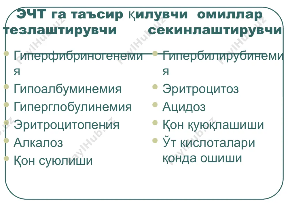 гистамин, гепарин, дигиталис, фенацетин). 6. ўткир қон кетиш. 7. гемолитик криз. 8. ёмон сифатли ўсмалар 9. қон касалликлари (эритремия, ўткир ва сурункали миелолейкоз, миелофиброз). 1. инфекция:грипп, қизамиқ, қизилча, сувчечак, инфекци-он гепатит, оитс, бруцел-лез, малярия, токсоплазмоз. 2. генерализациялашган ўткир ва сурункали оғир инфекция 3. дорилар ножўя таъсири (цитостатик, сулфаниламид, аналгетики) 4. нурланиш нур терапия. 5. гиперспленизм 6. гипо- и апластик анемия. 7. агранулоцитоз. 8. анафилактический шок. эозинофилия — 1. аллергик касалликлар 2. паразитар инвазия 3. бириктирувчи тўқима касалликлари ва тизимли васкулитлар 4. няк 5. тери касалликлари 6. қон касалликлари (лимфогранулематоз, эритремия, сурункали миелолейкоз). 7. ўпканинг эозинофилли инфилтрати 8. леффлернинг фибропластик эндокардити нисбатан эозинофилия инфекцион яллиғланиш касалликлари тузалиш даврида кузатилади ва у нейтрофилёз ва лейкоцитознинг пасайиши билан кечади. эозинопения — йирингли яллиғланиш касалликларида лейкоцитоз ва нейтрофилёз билан кузатилади, лейко формулани чапга силжиши билан кечади, бу суяк кўмигини нормал реакциясидан далолат. эозинопения апласти холатлар ва в12-дефицит анемияга хос базофилия — 1. миелопролифератив касалликлар …