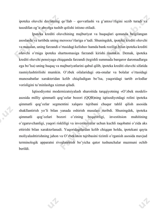 ud terminologik apparatni rivojlantirish bo’yicha qator tushunchalar mazmuni ochib berildi. 2. ipoteka qimmatli qog’ozlari tasnifi va tavsifi ko’chmas mulk garovi ipoteka kreditining muddati davomida amal qiladi va ipoteka bilan ta’minlangan garov qog’ozlarini chiqarish mumkin. “ipoteka qimmatli qog’ozlari” tushunchasi shundan dalolat beradiki, ular ipoteka – ko’chmas mulk garovi bilan bog’liq. «ipoteka» atamasi qadim zamonlarda (eramizdan avvalgi vi asrda yunonistonda) paydo bo’lgan. ipoteka qimmatli qog’ozlari – bu, ipoteka kreditlari majburiyatlari yordamida qayta moliyalashtiriladigan uzoq muddatli ipoteka bilan ta’minlangan qimmatli qog’ozlardir. ipoteka qimmatli qog’ozlari[footnoteref:2] (mortgage-backed securities – mbs) – bitta yoki bir nechta ipoteka kreditlari bo’yicha majburiyatlar yordamida qayta moliyalashtiriladigan qarz qimmatli qog’ozlari. foiz to’lovlari va asosiy qarz miqdori bo’yicha to’lovlar ta’minlovchi kreditlar bo’yicha olingan mablag’lar hisobiga amalga oshiriladi. mazkur qimmatli qog’ozlarning mohiyatini 6.2.1-jadvalda ko’rsatilganidek ochib berish mumkin. [2: галанов в.а., басова а.и. рынок ценных бумаг. – м., 2006 (библиотека банковского дела).] 1- jadval ipoteka qimmatli qog’ozlari tasnifi va tavsifi[footnoteref:3] [3: саттаров б.к. …