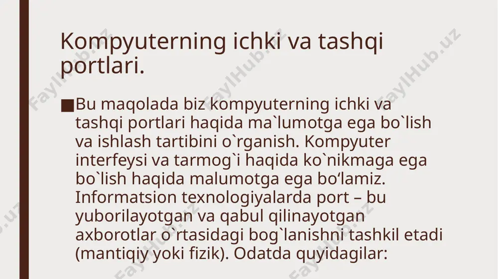 atda darhol natijasi namoyon bo‘ladi. lekin bu jarayon bir necha bosqichlardan o‘tadi. klaviaturanig tugmasi bosilganda markaziy protsessor klaviaturaning portiga in buyrug’ini beradi. qaysi tugma bosilgani aniqlanib chiqish portlariga uzatiladi. ichki portlarning 944 (зв0(16))-sidan boshlanadigan bir qancha portlar oq-qora grafikali rejim uchun, 976(3d0(16)) boshlanadiganlari ragli grafik rejim uchun. 1008 (3f0(16)) dan boshlanadiganlari yumshoq disk (floppy) ni boshqarish uchun, 1013(3f5(16)) da esa floppy diskka yozish va floppy diskdan o‘qish uchun qo‘lladinlar image1.jpeg image2.jpeg image3.jpeg image4.jpeg /docprops/thumbnail.jpeg