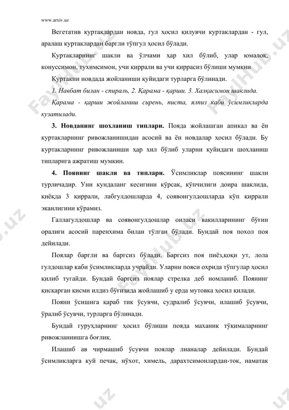 ётининг охиригача сақланиб қолади. қуйида айрим ўсимлик поясининг яшаш даврлари кўрсатилган. баобаб 5150 йил. мамонт дарахти 5000. кипарис 3000. эман 1200. тилоғоч 500. олма 200. ўтсимон пояли ўсимликлар ҳаёт кечириш даврига қараб, бир йиллик, икки йилик ва кўп йиллик турларга ажратилади. бир йиллик ўсимликлар бир вегетация даврида ўз фаолиятини тугаллаб, кузга бориб халок бўлади. масалан: буғдой, каноп, арпа, шоли ва ҳоказо. икки йиллик ўсимликлар биринчи йили вентатив органларини ҳосил қилса, иккинчи йили генератив органлар ҳосил қилади. масалан: сабзи, лавлаги, турп. кўп йиллик ўтсимон ўсимликлар доимий ер ости илдиз поялар, илдизлар, пиёз бошлар ҳосил қилиш хсусиятига эга бўлади. ўсимликлар поясини шохланиши ва ёгочланиши хсусиятига қараб уларни уч гуруҳга ажратиш мумкин. 1. дарахтлар. 2. буталар. 3. чала буталар. дарахтларда асосий поя яхши ривожланган бўлиб ундан ён шохлар ҳосил бўлади. уларнинг пояси ердан бир неча метргача кутарилиб туради. буталарда асосий поя ривожланмаган, улар илдиз бўғизидан ҳосил бўлади, бўйи 4-6 м га етади. масалан: …