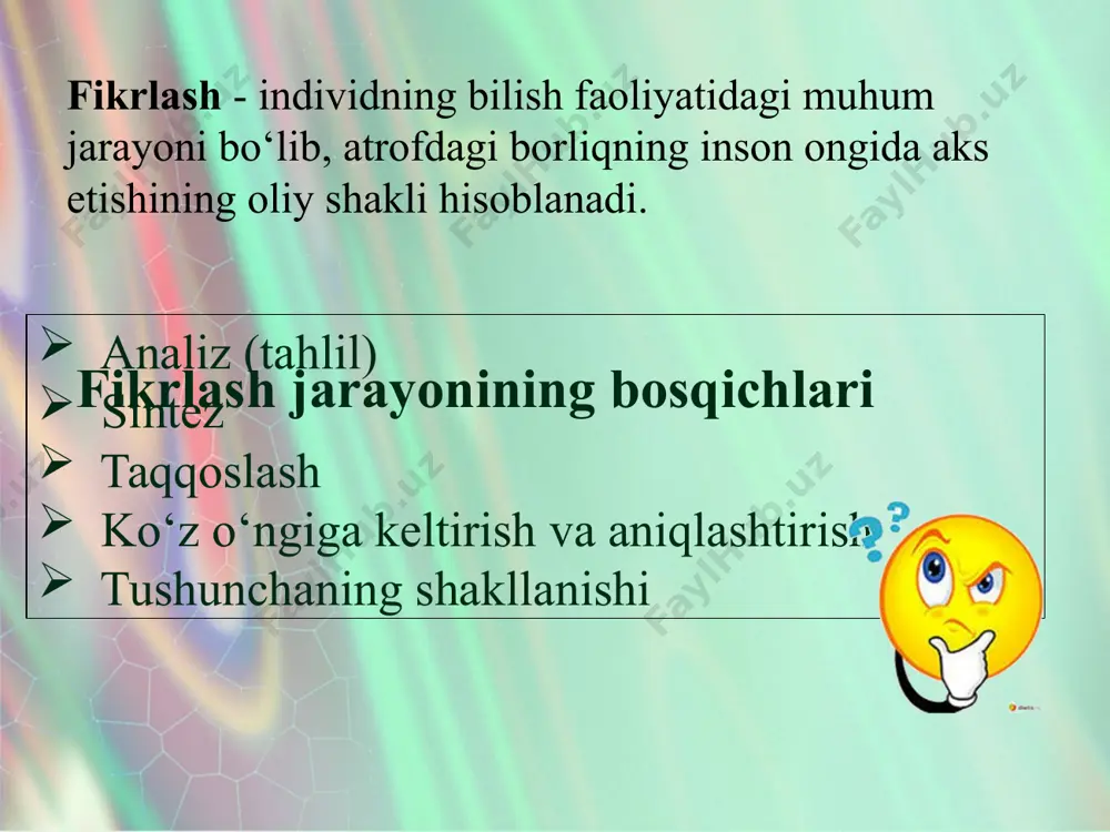 aniakal bosqichi, sirkulyar shizofreniya, ekzogen psixozlar uchun xosdir. fikrlashning tartib va mazmun jihatidan buzilishi * fikrlar tuturuqsizligi - bu nutqning grammatik shakli saqlangani holda tushunchalar orasida mazmun jihatdan bog‘lanishning yo‘qligidir. bunda bemorlar fikri va nutqi tuturuqsiz bo‘lib, gaplar orasida bog‘lanish bo’lmaydi. misol: men tug‘ilganman15 yil muqaddam sababsiz ishdan bo‘shatilgan, komandirovkani oqlash mikoyan xakim italiya o‘zbek, qrim. fikrlarning tuturuqsizligi shizofreniya kasalligida uchraydi. rezonyorlik - quruq mahmadanalik go‘yo o‘zini donishmand deb hisoblash. bunda maqsadsiz, ma’nosiz, tartibsiz fikrlash kuzatiladi. bu holat shizofreniyada, psixopatiyaning shizoid shaklida uchraydi. autizm - real borliqdan uzilgan holda hech kim bilan muloqot qilmasdan, o‘zining ruhiy kechinmalariga berilib ketish. shizofreniya kasalligiga xos. fikrlarning ambivalentligi - bir vaqtning o‘zida qarama-qarshi, bir-birini inkor qiluvchi fikrlarning mavjudligi. «mening bolalarim meni aqldan ozgan deyishadi, lekin mening bolalarim o‘tmishda ham, xozir ham, umuman bo’lmagan ». bu patologik fikrlash shizofreniyada uchraydi. quyushqoqlik ( maydagaplik ) - fikrlashda ortiqcha tafsilotlarga berilib, mayda-chuydalarga tutilib, asosiy fikrlarni ikkilamchi darajasidan …