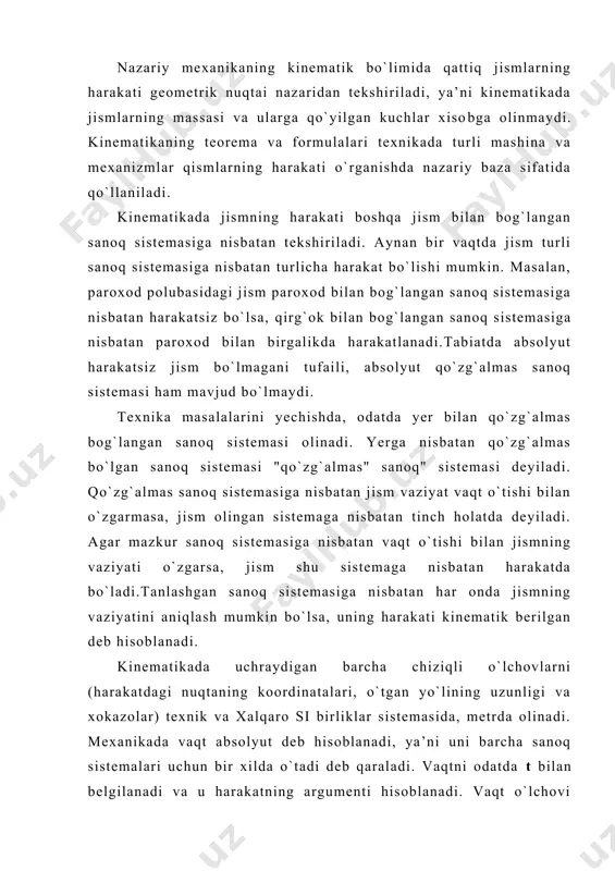 gining qo`zg`almas koordinata o`qlaridagi proyeksiyalari uning tegishli koordinatalaridan vaqt bo`yicha olingan birinchi tartibli hosilaga teng. (11) formuladan foydalanib, nuqta tezligining moduli va yo`nalishini aniqlaymiz. (12) (13) bunda (, (, (-v vektori bilan x,y,z o`qlari orasidagi burchakni ifodalaydi. (98-rasm) 98-rasm nuqta harakati tabiiy usulda berilganda uning tezligini aniqlash. nuqta trayektoriyasi shu trayektoriya bo`ylab harakat qonuni berilgan bo`lsin. s=f(t) nuqta tezligini aniqlaymiz. nuqta t vaqtda m ga kelib uning holati s yoyi bilan t1, vaqtda esa m1 ga kelib uning holati s1 yoyi bilan aniqlansin (99-rasm). 99-rasm bunda - vaqt ichsidagi o`rtacha tezlikning moduli. m nuqtaning t vaqtdagi tezligining modulini aniqlaymiz. (14) nuqta harakati tabiiy usulda berilgan bo`lsa (14) formula bilan nuqta tezligining moduli topiladi. tezlik moduli holatini aniqlovchi s yoydan vaqt bo`yicha olin​gan birinchi tartibli hosilaga teng bo`ladi. agar bo`lsa v tezlik vektori s yoy koordinata ortib borayotgan tomonga yo`nalgan bo`ladi. agar bo`lsa s yoy kamayadigan tomonga yo`naladi (100-rasm). 100-rasm nuqta …