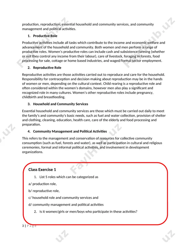 ed behavior is what makes up gender identity, and determines gender roles and responsibilities. gender roles vary greatly from one culture to another, and from one social, political, and economic group to another within the same culture. gender roles division of labour in societies illustrates both biological and gender differences. men are often responsible for activities that require their physical strength, such as house building. because only women can bear children, many societies use this biological role as the basis on which to allocate other roles. such related roles often include caring for children and domestic chores. gender division of labor sexual division of labor results from the social differentiation introduced by the relations between men and women that attributed activities and roles according to the person’s sex. the specific tasks and activities were attributed to men and to women according to the socioeconomic and cultural context. both men women …