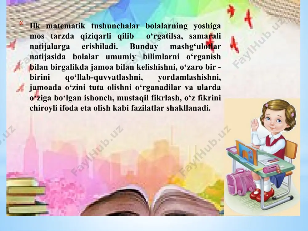 dagi tenglik va notenglikni aniqlashga o‘rgatish o‘rganilgan. a.m.leushina bolalarni son-sanoqqa o‘rgatishni ilmiy metodga asoslab yangidan tuzdi. mariya montessori italiyada tug`ilgan bo'lib, u o'z mamlakati tarixida birinchi ayol –doktor bo'lgan (2) montessori metodining bosh g`oyasi: “buni mustaqil bajarishga yordam ber” ya`ni bolani mustaqil rivojlanishiga turtki berishdan iborat. montessori metodikasi har bir bolaga cheksiz tanlov erkinligini beradi. unga asosan, har bir bola bugun nima bilan shug`ullanishini hal qilishni mustaqil ravishda tanlay oladi. montessori sistemasi bola shaxsi shakllanishi uchun zarur bo`lgan barcha sharoitlarni yaratish imkonini beradi. montessori sistemasida ta'lim olgan bolalarda o'qishga nisbatan intilish, mas'uliyatlilik, intizomlilik hislatlari oson shakllantiriladi. bu bolalar mehnatsevarligi, intiluvchanligi, xulq–atvori ijobiyligi bilan ajralib turadilar. mariya montessorining bolalarga yondashuvi o'ziga xos bo`lib, uning metodi bolani har tomonlama rivojlantirishga yordam beradi. montessori maktabida bola maxsus yaratilgan muhit yordamida mustaqil ta'lim oladi. montessori materiallarida bolaning o'z-o'zini nazorat qilish, xatolarini o'zi topib, mustaqil tuzatishga sharoit yaratilgan. kattalar bolani faqat yo'naltirib, zarur hollarda rag`batlantirib …