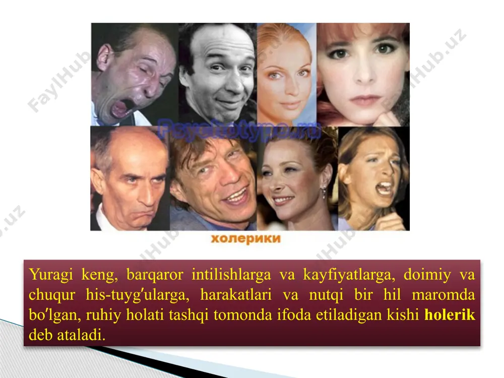 varak-atrofimizdagi hayot faktlari va hodisalarga bir hil odamlar tez va yengillik bilan, bir hillari shoshmasdan va qiyinchilik bilan, boshqalari esa sust va befarq bo’ladilar, yana bir hillari keskin g’ayratli, ayrimlari esa bir hil maromda va mulohazali bo’ladilar. temperament va xarakter odamning ijtimoiy munosabatlarida yaqqol namoyon bo’ladigan individni xususiyatlardir. temperament lotincha "aralashma' yoki qismlarning nisbati degan ma'noni temperament shaxsning hissiy qo’zg’aluvchanligi va umumiy harakatchanligi bilan sifatlanadigan individual xususiyatlar yig’indisi. temperament inson faoliyatida uning asab tizimi tipining namoyon bo’lishi. temperament his-tuyg’ularning paydo bo’lish tezligi va kuchida hamla kishining umumiy harakatchanligida namoyon bo’ladigan individual-psixologik xususiyatlarining majmuidir. temperamentga taalluqli individual dinamik xususiyatlarning asosiya belgilari: 1) temperamentning ayni bir hil xususiyatlari, huddi bir odamning o’zida faoliyatning har hil turlarida va har turli maqsadlarda namoyon bo’ladi; 2) temperamentning xususiyatlari odam hayotining butun davomida va ma'lum bir qismida barqaror va o’zgarmasdir; 3) mazkur odamdagi temperamentning turli xususiyatlari bir-biri bilan tasodifiy birlashgan bo’lmay, balki bir-biri bilan qonuniy bog’langan …