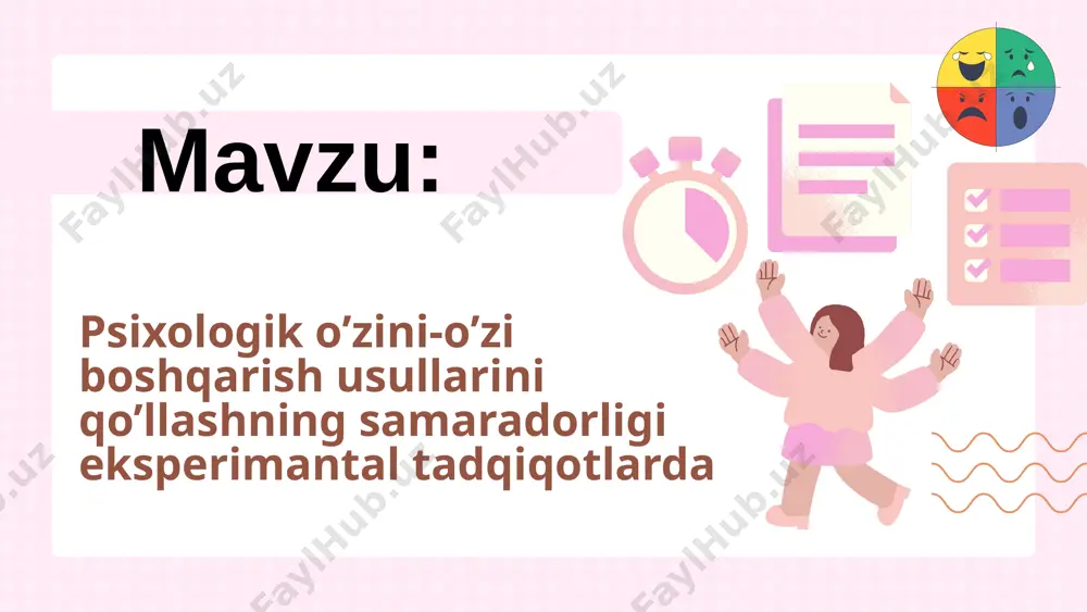 rtibga solish, odatlarni o‘zgartirish. 1. psixologik o‘zini o‘zi boshqarish tushunchasi va uning turlari o‘zini o‘zi boshqarish inson hayotining turli jabhalarida – ta’limda, ish faoliyatida, oilaviy hayotda muhim ahamiyat kasb etadi. psixologik jihatdan kuchli insonlar o‘z holatlarini anglay oladi va ularni ijobiy tomonga o‘zgartirishga intiladi. 2. o‘zini o‘zi boshqarish usullarining psixologik asoslari psixologik o‘zini o‘zi boshqarish jarayoni turli psixik funksiyalarga asoslanadi. bu jarayonda diqqat, xotira, tafakkur, emotsiyalar va irodaviy sifatlar muhim rol o‘ynaydi. psixologiyada bu jarayonlar ongli va ongsiz darajada kechadi deb hisoblanadi. shaxs o‘zini tahlil qilgani sari, o‘z ruhiy holatini chuqurroq anglay boshlaydi va uni ongli ravishda boshqarishga harakat qiladi. 2. o‘zini o‘zi boshqarish usullarining psixologik asoslari masalan, taniqli psixolog a. baandura o‘zining ijtimoiy-kognitiv nazariyasida inson o‘z xatti-harakatlari va holatini ichki e’tiqodlar va tajriba asosida boshqarishini ta’kidlagan. shuningdek, lazarus va folkmanlar tomonidan ishlab chiqilgan stressni boshqarish modeli ham o‘zini o‘zi boshqarish usullarining samaradorligini ko‘rsatadi. psixologik o‘zini o‘zi boshqarish usullari vizualizatsiya …