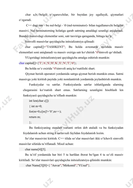 agi amallar aniqlangan: · qiymat berish (=); · konkatenatsiya yoki satrlarni ulash (+); · qiymat berib qo‘shish amali (+=) · ikki amal ekvivalentlikni tekshirish uchun (==) va (!=); · indeks olish ([]). · solishtirish amallari( , >=);