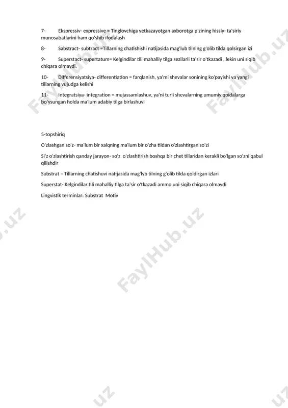 lorqa (yoki orqa qator) unlilari — o, u, oʻ. tilning tik harakatiga koʻra unli tovushlar 3 turga boʻlinadi: yuqori koʻtarilish unlilari (i, u), oʻrta koʻtarilish unlilari (e, oʻ), quyi koʻtarilish unlilari (a, o). labning holati (ishtiroki)ga koʻra unlilar 2 ga boʻlinadi: lablangan unlilar (u, oʻ) va lablanmagan unlilar (i, e, a, o). lablangan unlilar talaffuz qilingan vaqtda lablar faol ishtirok etadi: lab choʻchchayib, oldinga chiqadi, dumaloq shakl oladi. lablanmagan unlilar talaffuzida lablar ishtirok etmaydi yoki lablar ishtiroki passiv boʻladi. uyga vazifa 1-topshiriq tilshunoslikning turli sohalari – ijtimoiy tilshunoslik, neyrolingvistika, tarixiy tilshunoslik, umumiy tilshunoslik, makrolingvistika, mikrolingvistika, komporolingvistika, paralingvistika, kognitiv tilshunoslik, hisoblash lingvistikasi, psixolingvistikasi, etnolingvistika. 2-topshiriq 1-kommunikativ 2- 3-ekspressivlik 4- glossariy 1- tilning paydo bo'lishi -origin of language =tilning paydo bo'lishiga oid turli farazlar mavjud. 2- ekstralingvistika- extralinguistics= sotsiolingvistika va mentalingvistikaning o'zida birlashtiradigan, tilni ijtimoiy hodisa sifatida o'rganuvchi fandir. 3- intralingvistika- intralinguistics= tilning ichki tizimini, uning birliklari va kategoriyalarini, tilning tuzulishini o'rganadi …