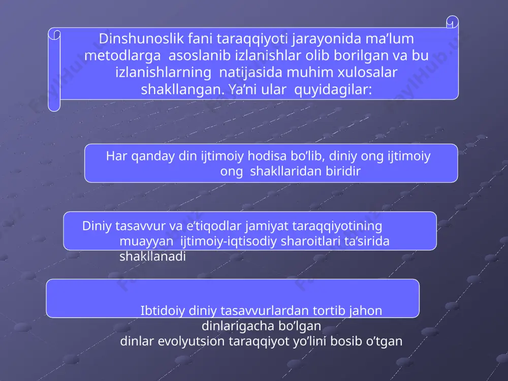 iv- lik kompen- satorlik falsafiy dinning vazifalari har qanday din o’z homiylari uchun quyidagi vazifalarni bajaradi to’ldiruvchi va ovutuvchi (kompensatorlik); birlashtiruvchilik (integrativlik); dindorlar hayotini tartibga solish va nazorat qilish (regulyativlik); jamiyat bilan shaxsning o’zaro aloqasini ta’minlovchi xususiyat – aloqa bog’lashlik (komunikativlik); qonunlashtiruvchilik (legitimizatsiya) funksiyasi. bulardan tashqari dinning: falsafiy vazifasi insonning yashashdan maqsadi, hayotning mazmuni, dorulfano, dorulbaqo – dunyo haqidagi masalalarga o’z munosabatini bildirishdan iborat; dunyoqarashlik vazifasi – kishilarda o’ziga xos diniy dunyoqarashni shakllantiradi. diniy dunyoqarashning shakllanishi va jiddiy jarayon bo’lib, o’z tadrijiy ichiga ibtidoiy din shakllaridan tortib milliy va jahon dinlarini qamrab oladi. dinlar unga e’tiqod qiluvchilar soni, o’zining ma’lum millat yoki xalqqa xosligi yoxud millat tanlamasligiga ko’ra turli guruhlarga bo’linadi. ibtidoiy (urug’-qabila) dinlari – fetishizm, totemistik, animistik tasavvurlarga asoslangan, o’z urug’idan chiqqan sehrgar, shamon yoki qabila boshliqlariga sig’inuvchi dinlar. ular millat dinlari va jahon dinlari ichiga singib ketgan. hozirgi avstraliya, janubiy amerika va afrikadagi ba’zi qabilalarda saqlanib qolgan. milliy …