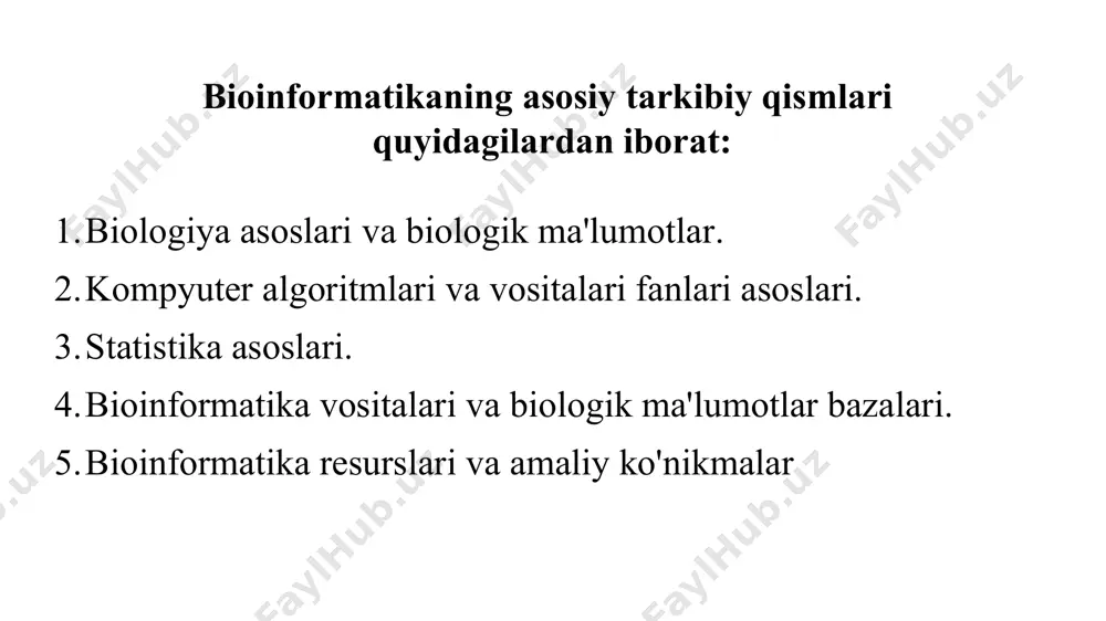 kni topadi. bunday vositalarga blast, clustalw, mafft, muscle va boshqalarni misol qilib keltirish mumkin. genlar va oqsil tuzilmalarini bashorat qilish: bu vositalar genomlardagi genlarni aniqlashga, oqsil tuzilmalari va ularning funktsional hududlarini bashorat qilishga yordam beradi. masalan, genlarni bashorat qilish uchun genemark, augustus, glimmer va oqsil tuzilishini bashorat qilish uchun phyre2, swiss-model, i-tasser. gen ifodasini tahlil qilish: ushbu vositalar rnk-seq ma'lumotlari asosida gen ekspresyon darajasini baholash uchun ishlatiladi. misollar deseq2, edger, differentsial gen ekspresyon tahlili uchun limma. filogenetik daraxtlarni qurish: ushbu vositalar organizmlar o'rtasidagi evolyutsion munosabatlarni ularning genetik ma'lumotlariga asoslangan holda tiklashga yordam beradi. masalan, mega, phylip, raxml, mrbayes. strukturaviy modellashtirish va joylashtirish: ushbu vositalar oqsillarning uch o'lchovli tuzilishini va ularning boshqa molekulalar bilan o'zaro ta'sirini bashorat qilish uchun ishlatiladi. masalan, rosetta, modeller, autodock, swissdock. biologik ma'lumotlar bazasi vositalari: bu vositalar biologik ma'lumotlar bazalariga kirishni ta'minlaydi va ma'lumotlarni qidirish, olish va tahlil qilish imkonini beradi. masalan, ncbi entrez, uniprot, ensembl, genbank. …