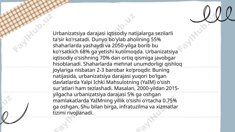 nizatsiya darajasi yuqori bo'lgan hududlarda kambag'allik va ijtimoiy tengsizlik kuchayishi mumkin. urbanizatsiya va ijtimoiy adolat orasidagi muvozanatni saqlash siyosatchilar uchun muhim masala hisoblanadi. ... t.me/slaydai_bot 12. global urbanizatsiya tendensiyalari haqida ma'lumot: 2020-yilgi ma'lumotlarga ko‘ra, dunyo aholisining 56 foizi shaharlarda yashaydi. 2050-yilga borib bu koʻrsatkich 68 foizgacha oshishi kutilmoqda. shaharlarda aholi soni yildan-yilga 1,5% darajasida ortib bormoqda. asosan osiyo va afrikada urbanizatsiya sur’atlari yuqori boʻlib, hindiston, xitoy va nigeriya kelgusi yillarda eng yirik hissa qo‘shuvchilar sirasiga kiradi. 2030-yilga borib, dunyoda 43 ta megapolis bo‘lishi taxmin qilinmoqda. bu shaharlarda yashovchilar soni 10 milliondan ortiq bo‘ladi. urbanizatsiya jarayonida infratuzilma va yashash sharoitlarini yaxshilash muhimdir. ... t.me/slaydai_bot megashaharlarda yashash imkoniyatlari ko'p jihatdan jozibador. dunyo bo'ylab 30 dan ortiq megashahar aholisi 10 milliondan oshadi. ushbu shaharlarda ta'lim, tibbiyot va madaniyati xizmatlari keng va xilma-xildir. ish imkoniyatlari yuqori, chunki yirik kompaniyalar va korporatsiyalar ko'pincha bu joylarda joylashgan. transport infratuzilmasi rivojlangan, shu jumladan metro, avtobus va temir …