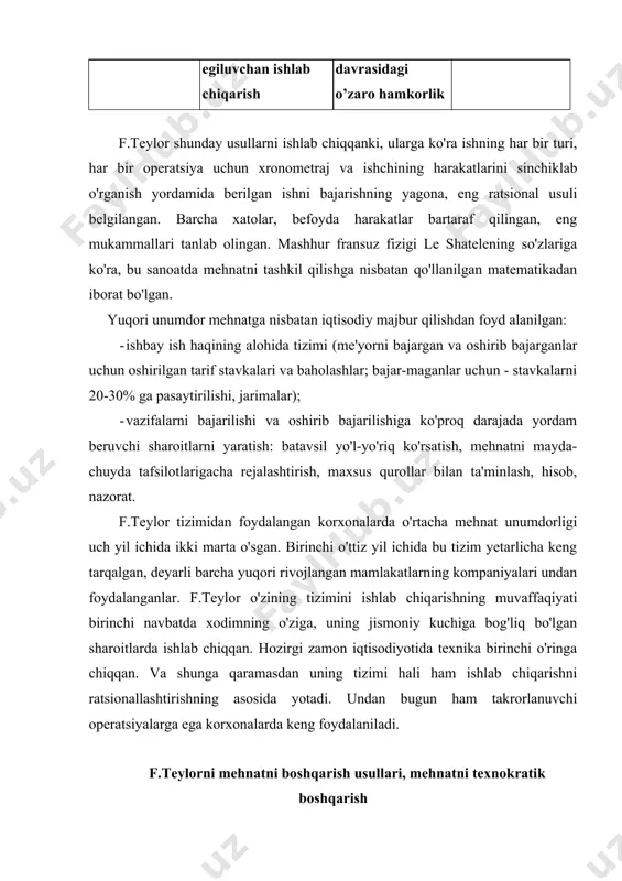 rini o'rganishga o'tganlar. f.teylorning eng yaqin yordamchisi g.gant o'ziga xos jadvalni ishlab chiqadi, unda har bir ishchi har qanday vaqt uchun o'zining ish haqi natijalarini ko'rishi mumkin edi. jadvalda yana ishlab chiqarish dasturlarining bo'limlari va vazifani bajarilishini borishi o'rtasidagi vaqtincha aloqalar aks ettilgan. ko'pchilikning fikriga ko'ra, bu jadval o'sha vaqtda mehnatni boshqarishda inqilobni keltirib chiqargan. u korxona doirasidagi ishlab chiqarish jarayonini operativ rejalashtirish, hamda keyinchalik ishdab chiqilgan tarmoqli jadvallarning asosiga yotgan. f.teylorning zamondoshi f.gilbret xronometrajning kashfiyotchisi hisoblana di. amerika kompaniyalari birining boshqaruvchisi r.vulf mehnat unumdorligini oshirishning bir qator yangi moddiy rag'batlarini kiritgan va ishchilarni boshqaruv ning ba'zi bir masalalarini hal qilishga jalb qilgan. sotsiolog m.follet korxonadagi nizolar muammosi bilan, rahbarlik uslubi bilan shug'ullangan. garvard universiteti professori g.myunsterberg mehnat unumdorligini psixologik omillarga bog'liqligini ta'kidlagan. u birinchi testning va muxandislik psixologiyasining birinchi tizimli ocherkining muallifi bo'lgan, kasblarni tanlashga ilmiy yondoshishni boshlab bergan. muxandislar va ishlab chiqarishning boshqa mutaxassislari bilan bir qatorda psixologlar …