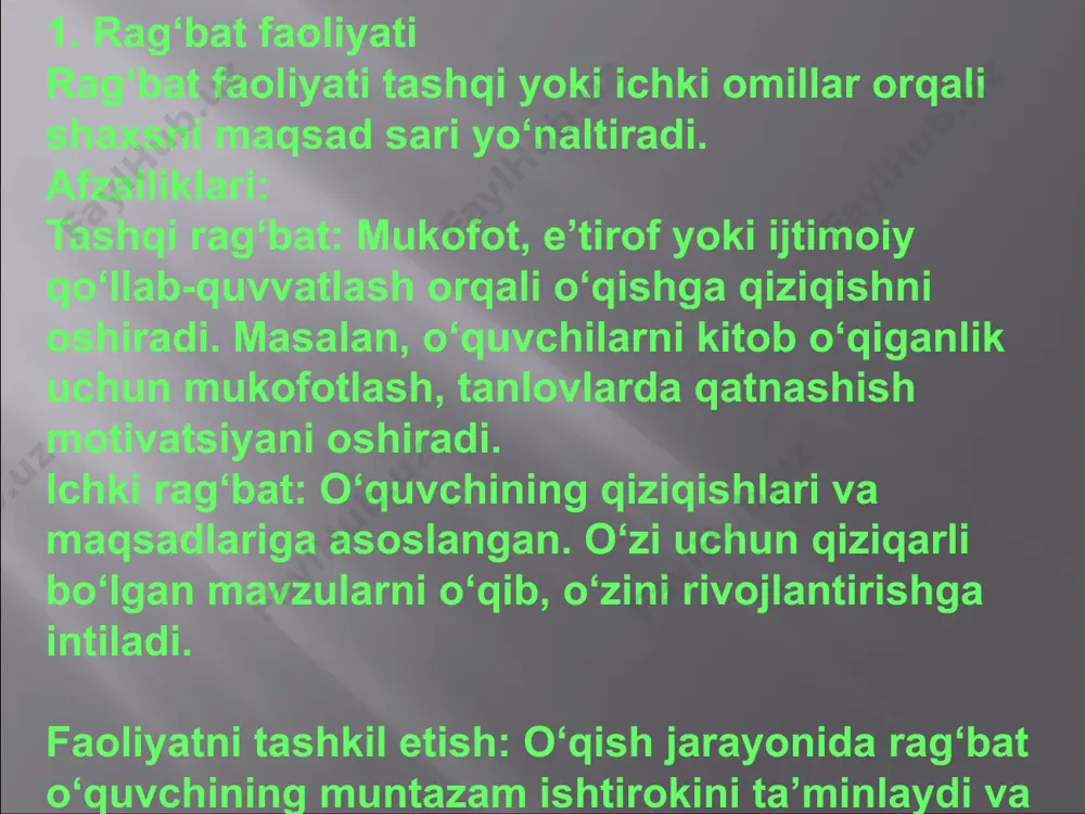 y g‘oyalarni ajratib olish qobiliyati. mantiqiy bog‘liqlikni ko‘ra olish: matn ichidagi faktlar va fikrlar orasidagi bog‘liqlikni aniqlash. 2.2 psixologik imkoniyatlar motivatsiya: o‘quvchining ichki rag‘batlantiruvchi kuchlari. stressni boshqarish qobiliyati: o‘quvchining o‘qish jarayonida yuzaga kelgan qiyinchiliklarga qarshi turish qobiliyati. ishonch hissi: o‘ziga bo‘lgan ishonch o‘qish savodxonligini rivojlantirishda muhim. 2.3 shaxsiy qiziqishlar o‘quvchilar o‘zlarini qiziqtirgan mavzularni tezroq o‘zlashtiradilar. masalan, tarixga qiziqadigan bola badiiy matnlardan ko‘ra ilmiy kitoblarga qiziqishi mumkin. 3. rag‘bat va imkoniyatlarning o‘zaro ta’siri rag‘bat va ichki imkoniyatlar birgalikda o‘quv jarayonining samaradorligini oshiradi: moslashuvchanlik: rag‘bat ichki imkoniyatlarga mos ravishda qo‘llansa, o‘quvchining o‘qish jarayonidagi faoliyati samaraliroq bo‘ladi. barqarorlik: rag‘bat va imkoniyatlarning uyg‘unligi o‘qish savodxonligini uzoq muddat davomida saqlashga yordam beradi. o‘zini anglash: ichki imkoniyatlarini anglagan o‘quvchi tashqi rag‘batga kamroq bog‘liq bo‘ladi va mustaqil rivojlanishga intiladi. image2.png image3.jpeg image1.jpeg