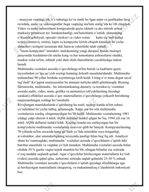 exnologiyalar: - bosib chiqarilgan materiallar; - audiokassetalar; - videokassetalar; - bir tomonlama sputnik aloqa; - televizion va radio ko’rsatuvlari; - disketa va cd-rom lar. avvalombor, distant uslubi asosida o’qitish, jugrofiy jihatdan o’zoqda joylashgan maktablar va akademik ta'lim uchun mo’ljallangan edi. lekin, zamonaviy axborbtlar va telekommunikatsion texnologiyalarining rivojlanishi tabiiy ta'lim-tarbiya jarayonini o’zoq masofadan turib amalga oshirishga yo’l ochib berdi. natijada distant uslubi asosida o’qitish, tez vaqt ichida ko’pgina maktablarda, tijoratchilar ichida va ishlab chiqarish korxonalarida keng qo’llanila boshladi va o’qitishda yangi uslublarni qo’llashga yana bir turtki bo’ldi. distant uslubi asosida o’qitishning xalqaro kengashining tahlillari shuni ko’rsatmoqdaki, xozirgi kunda jahonda 10 milliondan ortiq talabalar shu uslub asosida ta'lim olishmoqda. aqsh da shu uslub asosida o’qitish maqsadida yangi o’quv markazlari barpo etilmoqda. shunday qilib, ular milliy kadrlarni zamon talabi asosida tayyorlash va qayta tayyorlash uchun olga qadam qo’yishmoqda. distant uslubining qo’yidagi afzalliklari mavjuddir: a) o’qitishning ijodiy muxiti. mavjud ko’pgina uslublar asosida o’qituvchi ilm …