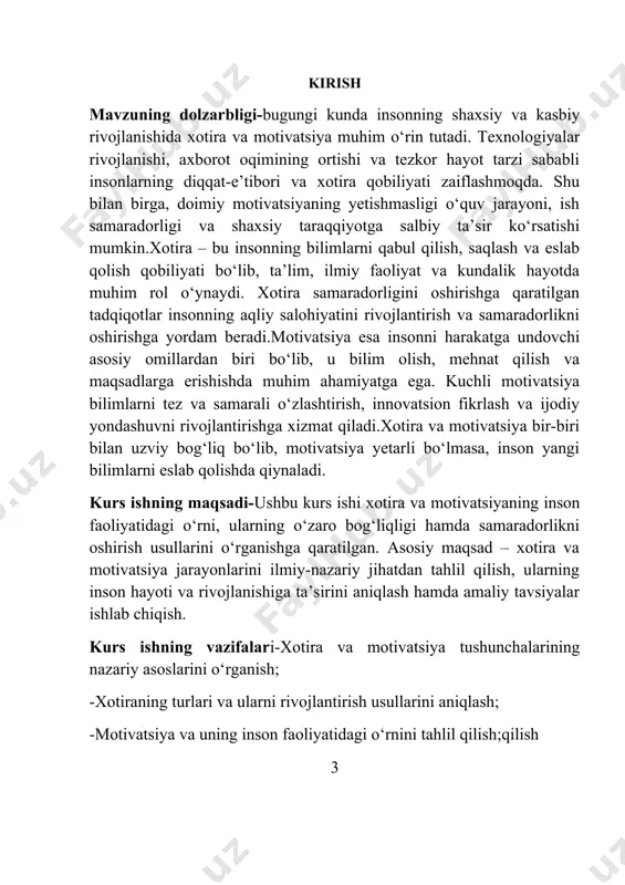 yatidagi o‘rnini tahlil qilish;qilish 3 -xotirani mustahkamlash va motivatsiyani oshirish bo‘yicha amaliy tavsiyalar ishlab chiqish. kurs ishning obyekti-ushbu kurs ishining obyekti inson xotirasi va motivatsiya jarayonlari hisoblanadi. ya’ni, inson ongining bilimlarni qabul qilish, saqlash va eslab qolish qobiliyati hamda uni harakatga undovchi psixologik omillar tadqiq qilinadi.shuningdek, ish doirasida xotira va motivatsiyaning o‘zaro bog‘liqligi, ta’lim jarayoni, ish faoliyati va shaxsiy rivojlanishga ta’siri o‘rganiladi. tadqiqot natijalari ta’lim oluvchilar, mutaxassislar va keng jamoatchilik uchun foydali bo‘lishi mumkin. tadqiqot metodlari-ushbu kurs ishida xotira va motivatsiya jarayonlarini o‘rganish uchun quyidagi tadqiqot metodlaridan foydalaniladi: nazariy tahlil – psixologiya, pedagogika va neyrobiologiya sohasidagi ilmiy adabiyotlar, maqolalar va tadqiqotlarni o‘rganish orqali mavzuning nazariy asoslarini aniqlash. eksperimental metod – xotira va motivatsiyaga ta’sir etuvchi omillarni sinovdan o‘tkazish uchun psixologik testlar va mashqlar asosida amaliy tadqiqot olib iologi. so‘rov va intervyu – talabalar, o‘qituvchilar yoki ishchilardan xotira va motivatsiya darajasi, ularning samaradorligiga ta’siri haqida ma’lumot olish.kuzatish – odamlarning bilim olish …