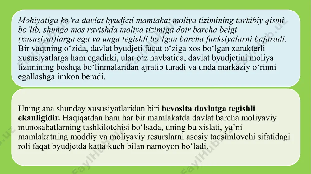 oki bu darajada to‘lovchilarning (yuridik va jismoniy shaxslarning) manfaatdorligini (qiziquvchanligini) pasaytiradi. byudjet kategoriyasi sifatida davlat byudjetining xarajatlari o‘zining turli ko‘rinishdagi shakllariga ega. ularning shakllari quyidagi ko‘rinishlarda bo‘lishi mumkin: - smetali moliyalashtirish (bunda korxona yoki tashkilot o‘z daromadlariga ega bo‘lmasdan davlat byudjetining mablag‘lari hisobidan to‘liq saqlanadi); - davlatning korxona va tashkilotlariga mablag‘ berish (bunda moliyalashtirish ob’yektlari sifatida faqat kapital qo‘yilmalar, aylanma mablag‘lar va operatsion xarajatlar maydonga chiqadi); - dotatsiyalar (bunda byudjet rejali-zararga ishlaydigan korxonalarning zararlarini qoplaydi) va boshqalar. davlat byudjetining turli belgilari va xususiyatlarining yuqorida bayon qilingan tavsiflariga tayangan holda uning mohiyatini aniqlab beruvchi quyidagi ta’rifni berish mumkin: mamlakatning asosiy moliyaviy rejasi ko‘rinishida qonuniy rasmiylashtirilgan, davlat pul fondlarini yaratish (shakllantirish) va ulardan foydalanish borasidagi iqtisodiy (moliyaviy) munosabatlar majmuiga davlat byudjeti deyiladi. davlat byudjeti moliyaning tarkibiy qismi sifatida, uning boshqa bo‘linmalari singari ikki xil funksiyani bajaradi: ¤ taqsimlash; ¤ nazorat. davlat byudjetining taqsimlash funksiyasi orqali uning mohiyati namoyon bo‘ladi. bu davlat byudjeti …