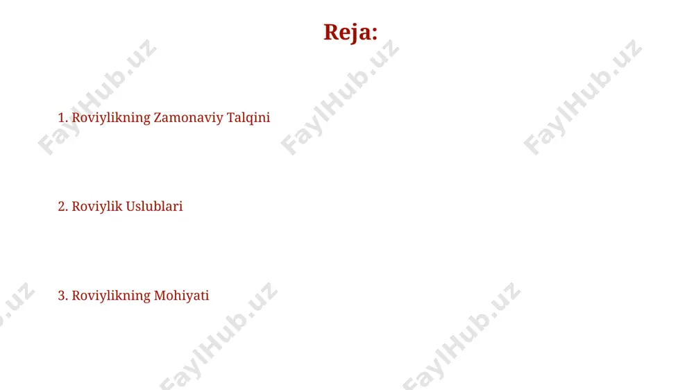 rga ovozni boshqarish boʻyicha amaliy koʻnikmalarni shakllantirishga yordam beradi. ovoz madaniyati, 5 ta asosiy elementdan iborat boʻlib, ularning har biri nutqning aniqligi, ohangi va ritmiga ta’sir qiladi: artikulyatsiya, intonatsiya, tempo, pauza va ohang. matn ustida ishlash matnni optimallashtirish uchun kalit so'zlarning zichligi 1-3% oralig'ida bo'lishi kerak, bu esa qidiruv tizimlarida yuqori reytingga ega bo'lish imkonini beradi. o'rtacha 1000 so'zli matnni yozish va tahrir qilish uchun professional yozuvchi taxminan 5-7 soat vaqt sarflaydi, bu esa matnning aniqligi va o'qilishiga bog'liq. mashq va takrorlash har bir mashqni kamida 5 marta takrorlash, xotirani mustahkamlash va xatoliklarni minimallashtirishga yordam beradi, natijada roviylik mahoratini 15% ga yaxshilashga olib keladi. mashqlar soni va takrorlash chastotasi o'rtasidagi optimal nisbatni topish, mahoratni 20-30% ga oshirishga yordam beradi, bu esa "roviylik"da muhim ahamiyat kasb etadi. tinglovchilar bilan muloqot samarali muloqot uchun tinglovchilarning demografik ko'rsatkichlarini (yoshi, kasbi, bilim darajasi) hisobga olib, til va uslubni moslashtirish lozim. muloqot jarayonida tinglovchilarning faol …