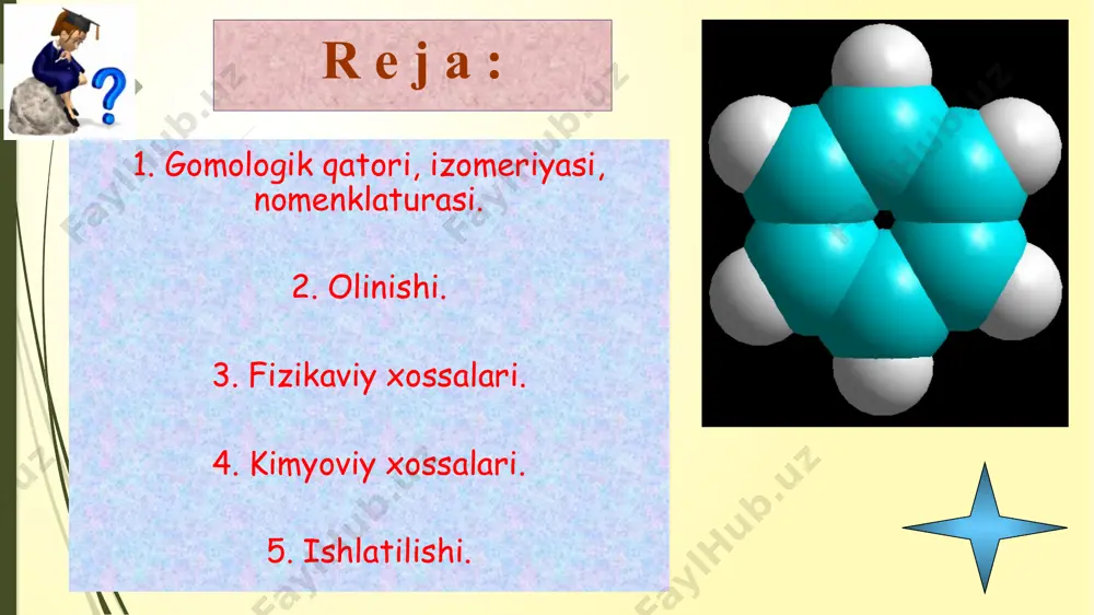l i n i s h i dyuma usuli orqali natriy benzoati dekarboksillash reaksiyasi orqali o l i n i s h i 13 zelinskiy usuli: siklogeksanni degidrogenlab fizik xossalari bir nechta kichik radikali bor izomer bitta katta radikali bor izomerdan yuqori t0 qaynaydi. o-izomer, p-izomerdan yuqori qaynash haroratiga ega, lekin p-izomer o-izomerdan yuqori t0 da suyuqlanadi. mr ortishi bilan qaynash temperaturasi ortadi. har bir ch2 – metilen guruh qaynash t0 ni 300 ga oshiradi. benzol – rangsiz, uchuvchan, yonuvchan, suvda erimaydigan o`ziga xos xidli suyuqlik. qaynash t0 – 80,10. sovutilganda osongina qotib oq kristall moddaga aylanadi. suyuqlanish t0 – 5,50. bug`lari havo bilan portlovchi aralashma xosil qiladi. suyuq benzol va uning bug`lari – zaharli. kimyoviy xossalari benzolga xlorning uch xil ta’siri kimyoviy xossalari 16 o’rin olish reaksiyalari galogenlanishi. beylshteyn reaksiyasi. kimyoviy xossalari 17 o’rin olish reaksiyalari nitrolanishi nitrobenzol kimyoviy xossalari 18 o’rin olish reaksiyalari sulfolanishi benzolga konsentrlangan sulfat kislota …