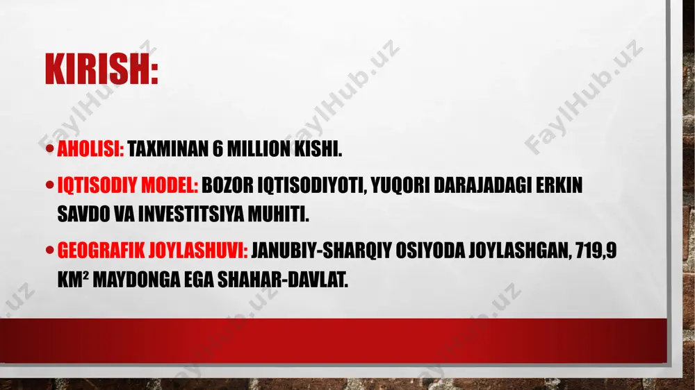 erkin savdo bitimlari mavjud. diplomatik aloqalar: xalqaro savdo va iqtisodiy hamkorlikni rivojlantirishga qaratilgan tashabbuslar. ijtimoiy siyosat va barqaror rivojlanish soliq siyosati: investitsiyalarni rag‘batlantirish uchun soliq imtiyozlari taqdim etiladi. ijtimoiy dasturlar: ishchilarni qo‘llab-quvvatlash va ijtimoiy tenglikni ta'minlashga qaratilgan dasturlar. turizm va xizmatlar sektori turizm o‘sishi: 2024-yilning 3-choragida xitoydan kelgan sayyohlar soni 56% ga oshdi. xizmatlar sektori: moliyaviy xizmatlar, sog‘liqni saqlash va ta'lim xizmatlari rivojlanmoqda. ekologiya va yashil iqtisodiyot barqaror rivojlanish: yashil energiya manbalariga sarmoya kiritilmoqda.atrof-muhitni muhofaza qilish: ekologik toza texnologiyalarni joriy etish. kelajakdagi iqtisodiy istiqbollar texnologik rivojlanish: ai, iot va raqamli iqtisodiyotning rivojlanishi.savdo va investitsiyalar: global savdo va investitsiya oqimlarining o‘sishi. singapurning iqtisodiy rivojlanishiga ta'sir etuvchi tahdidlar global iqtisodiy noaniqlik: dunyo iqtisodidagi past o‘sish sur'ati singapurning eksport va moliya sektoriga salbiy ta'sir ko‘rsatishi mumkin. xalqaro savdoda raqobat: xitoy, janubiy koreya kabi raqobatchilar bilan savdo aloqalarining kuchayishi singapurga yangi chaqiriqlarni keltirib chiqaradi. geosiyosiy noaniqlik: aqsh-xitoy savdo urushi va global siyosiy beqarorlik singapurning …