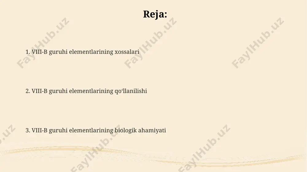 odatiy holat. viii-b guruhi elementlari, masalan, temir, kobalt va nikel, metallurgiyada poʻlat va qotishmalar ishlab chiqarishda asosiy komponentlar hisoblanadi, ularning qoʻshilishi mahsulotning mexanik xossalarini 10-30% gacha yaxshilaydi. umumiy xususiyatlar viii-b guruhi elementlari yuqori darajadagi oksidlanish holatlarida (+8 gacha) turg'un bo'lishlari bilan ajralib turadi, bu ularning elektron konfiguratsiyasi va d- va f-orbitalarining ishtirok etishi bilan bog'liq. viii-b guruhi elementlari magnit xossalarga ega bo'lib, ularning ba'zilari ferromagnetik (masalan, temir, kobalt, nikel) yoki paramagnetik xususiyatlarni namoyon qiladi, bu ularning elektron tuzilishi bilan bog'liq. ushbu metallarning ko'pchiligi yuqori erish va qaynash haroratlariga ega bo'lib, ularning kuchli metall bog'lanishlarini ko'rsatadi; masalan, volframning erish nuqtasi 3422 °c ni tashkil qiladi. elektron konfiguratsiyasi va oksidlanish darajalari viii-b guruhi elementlarining oksidlanish darajalari ularning d orbitallaridagi elektronlar soniga va ligandlarning tabiati bilan bogʻliq boʻlib, masalan, +8 oksidlanish darajasi ru va osda kuzatiladi. viii-b guruhi elementlari, masalan, temir (fe) 3d⁶4s² elektron konfiguratsiyasiga ega boʻlib, +2 va +3 oksidlanish darajalarida eng …