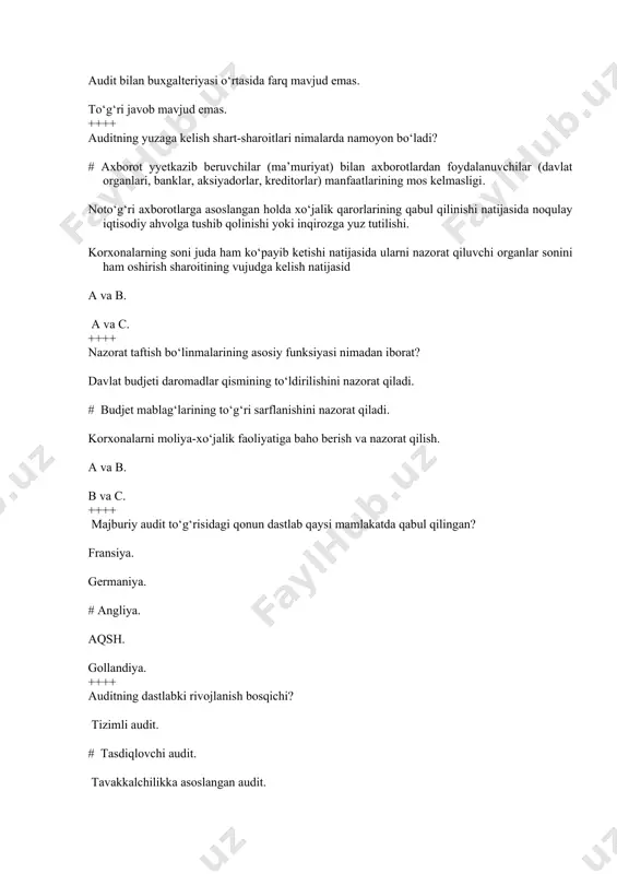 t? davlat budjeti daromadlar qismining to‘ldirilishini nazorat qiladi. # budjet mablag‘larining to‘g‘ri sarflanishini nazorat qiladi. korxonalarni moliya-xo‘jalik faoliyatiga baho berish va nazorat qilish. a va b. b va c. ++++ majburiy audit to‘g‘risidagi qonun dastlab qaysi mamlakatda qabul qilingan? fransiya. germaniya. # angliya. aqsh. gollandiya. ++++ auditning dastlabki rivojlanish bosqichi? tizimli audit. # tasdiqlovchi audit. tavakkalchilikka asoslangan audit. aralash audit. baholovchi audit. ++++ o‘zbekistonda davlat hokimiyati organlari auditorlik tekshiruvlarini… o‘tkazishlari mumkin. # o‘tkazishlari mumkin emas. o‘tkazishlari mumkin, litsenziyaga ega bo‘lsa. vm qarori bilan. sud qarori bilan. ++++ o‘zbekistonda malaka sertifikatiga ega mustaqil auditorlarni ixtiyoriy tarzda birlashtiruvchi, mustaqil, notijorat jamoat tashkiloti? buxgalterlar va auditorlar milliy assotsiatsiyasi. # auditorlar palatasi. auditorlar kongressi. buxgalterlar palatasi. moliya vazirligi. ++++ auditning xalqaro standartlari qaysi tashkilot tomonidan ishlab chiqilgan? # xalqaro buxgalterlar uyushmasi. aqsh auditorlar kengashi. yevropa ittifoqi auditorlar uyushmasi. auditorlik amaliyoti bo‘yicha xalqaro komitet. milliy auditorlik uyushmalari qo‘mitasi. ++++ «auditorlik faoliyati to‘g‘risida»gi o‘zbekiston respublikasi qonuni …
