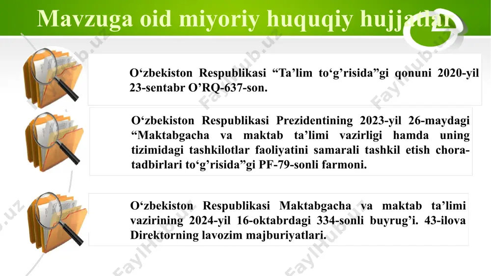tirish tizmini joriy etish kerak. chora-tadbirlar rejasi t/r muammo muammoning yechimini amalga oshirish mexanizmi mas’ullar muddat kutilayotgan natija 1 direktorlar asosiy vaqtlarini ta’lim tarbiya jarayonlarini nazorat qilishga sarflab, strategik rejalashtirishga ulgurmaydilar. maktab rahbari vakolatlarinining bir qismini hodimlarga uzatishi va vaqtni to‘g’ri rejalashtirishi orqali o‘zini- o‘zi rivojlantirishga hamda strategik rejalashtirishni amalga oshirishga vaqt ajratadi. maktab direktori ‘ yil davomida direktorlarning vaqtni samarali boshqarish darajasi oshadi va o‘z ustida ko‘proq ishlashlariga imkoniyat yaratiladi. 2 direktorning innovatsion boshqaruv tizimi sohasida yetarlicha bilimga ega emasligi. zamonaviy texnologiyalar yordamida masalan raqamli rejalashtirish elekrton hujjatlar aylanishini maktab boshqaruvida keng qo‘llash orqali innovatsion boshqaruv tizimi sohasida bilimlarni oshiradi. maktab direktori ‘ yil davomida ish jarayonida ortiqcha qog’ozbozlikka chek qo‘yiladi, vaqt samaradorligi ortadi. direktor va o‘qituvchilarni ortiqcha byurakratiyaga yo‘l qo‘yilmaydi, innovatsion boshqaruv tizimi bo‘yicha bilimlar ortadi. 3 maktab ichida stress va ruhiy bosimning yuqoriligi. vazifalarni rahbarlar, o`qituvchilar, o`quvchilar va ota onalar hamda mahalliy hokimiyat organlari o‘rtasida to‘g’ri taqsimlash …