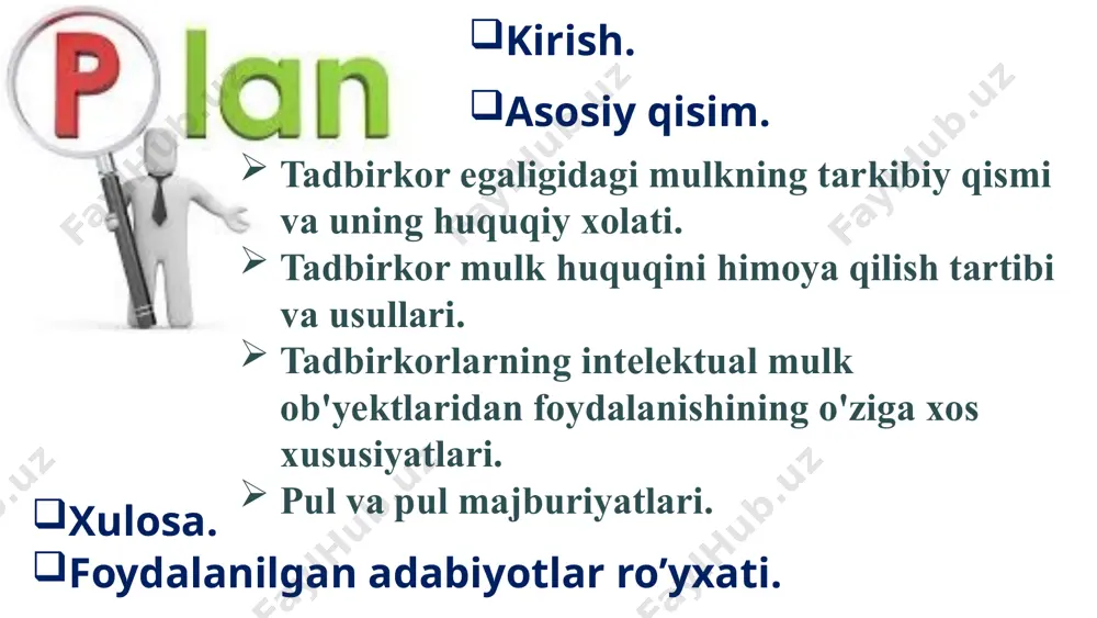ko’ra aylanmaga qodir, aylanma qobiliyati cheklangan va aylanmadan chiqarilgan mulklar. ko’char va ko’chmas mulk 4 turli maqsaddagi jamg‘armalar. moddiy va nomoddiy aktivlar. ishlab chiqarishga mo‘ljallangan va ishlab chiqarishga mo‘ljallanmagan mulklar. asosiy va aylanma vositalar. mulkning turlari (xo‘jalik faoliyatining iqtisodiy belgilariga muvofiq tarzda) mulkka egalik qilish huquqi mulk huquqini qo’lga kiritishning umumiy asoslari o‘z shaxsiy manfaatlari uchun narsalar tayyorlash; egasiz mulk va topilmalar orqali mulkka egalikni qo’lga kiritish; oldi-sotdi shartnomasi, mahsulot yetkazib berish shartnomasi, hadya shartnomasi va boshqa shartnomalar asosida mulkka egalik qilish huquqini qo’lga kiritilishi; yuridik shaxsning qayta tashkil etilishi natijasida huquqiy vorislik. xo‘jalik boshqaruvi natijasida mulkka egalikni qo’lga kiritish; mulk huquqi; xo‘jalik yuritish huquqi; operativ boshqarish huquqi; meros qilib qoldirilgan yer uchastkasiga umrbod egalik qilish huquqi; yer uchastkasiga domiy egalik qilish va undan foydalanish huquqi; servitutlar. mulkka egalik qilish huquqi ashyoviy huquqlar: 8 mulkka egalik qilish huquqi mulkka egalik qilish egalik qilish deyilganda, mol-mulkka bevosita ega bo‘lish, uni o‘zida …
