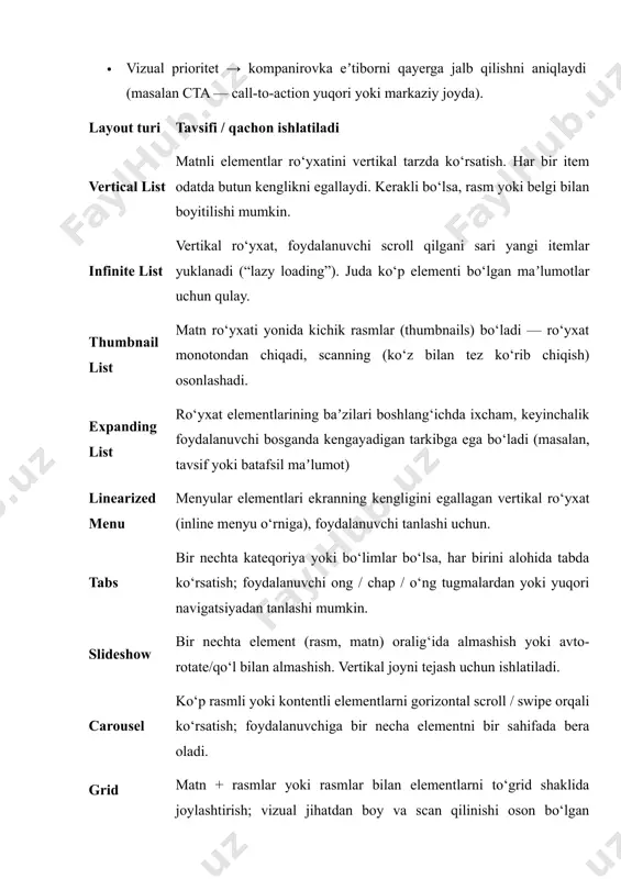 ri va umumiy prinsiplari: quyidagi layout turlarini ko‘pchilik gui dizayn yoki hci (human-computer interaction) kitoblarida uchratish mumkin: layout turi tavsifi / xosliklari main window + sidebar / panel dastur o‘rnatilgan asosiy oynasi bo‘lishi, yon panel (chap yoki o‘ngda) navigatsiya yoki boshqaruv elementlarini saqlaydi. masalan, mail yoki fayl menejer ilovalarida. toolbar / ribbon yuqori qismda tugmalar / menyular majmui – tezkor amallarni bajarish uchun. ribbon (microsoft office kabi) keng ko‘lamli toolbar variantidir. tabbed interface bir nechta bo‘limlarni (foydalanuvchi kerakli oynani) tablar orqali almashtirish imkonini beradi. masalan brauzerlar, sozlamalar oynasi. floating / dockable panels qo‘shimcha oynalar ya’ni panellar oynadan tashqariga tortib olinishi, joyi o‘zgarishi mumkin. masalan, grafik muharrirlar (gimp, photoshop) da. multi-column layout maʼlumotlar yoki kontent bir nechta ustunlarga bo‘linadi — onlayn/offlayn maqolalar, dasturning maʼlumot ko‘rsatish oynalari. dialog / modal windows asosiy oynani bloklovchi kichik oynalar – ogohlantirishlar, sozlamalar, tasdiqlashlar uchun. grid layout masalan dashboard yoki ma’lumot paneli: statistikalar, grafiklar, jadval ko‘rinishida …