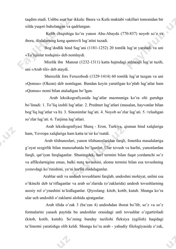 ratishga olib keldi. shunga ko’ra arab - yahudiy filologiyasida o’zak, so’z yasovchi elementlar tushunchasi bilan birga fleksiya haqidagi tushuncha ham paydo bo’ldi. arablar, hindlar kabi, tovushlarni akustik va fiziologik belgilariga ko’ra farqlaganlar. nutq a‘zolari sifatida og’iz bo’shlig’i, burun bo’shlig’i va bo’g’iz hisoblangan. nutq tovush-larini hosil qilishda bo’g’iz, til, tanglay, milk, tish, lab xizmat qilishi ta‘kidlangan. arab tilshunosligida sintaksis masalalari, hind va yunonlardagidek, grammatikaning eng bo’sh bo’limi hisoblangan. shunga qaramasdan arablarda sintaksisning tekshirish ob‘ekti sifatida gap, gapning struktur-semantik tahlili kuzatiladi. ular gapning kamida ikki so’zdan-ikki otdan yoki ot va fe‘ldan iborat bo’lishini, bu so’zlar o’rtasidagi sub‘ekt - predikat munosabatining o’rganilishini to’g’ri ta‘kidlaydilar. gaplarning tuzilishiga ko’ra otli, fe‘lli va holli turlarga bo’linishini qayd etdilar. otli gaplarning ot so’zdan boshlanishini (masalan, zayd turibdi), fe‘lli gaplarning esa fe‘l so’zdan (masalan, turgan zayd) boshlanishini aytadilar. otli gapning egasi mubtado (mubtado), kesim esa habar (xabar) deb nomlanadi. gapning ikkinchi darajali bo’laklari sifatid 1)to’ldi-ruvchi, 2) hol va …