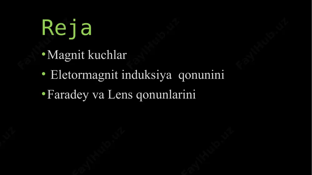 tajribalar asosida magnit maydon o’zgarish natijasida (elektr maydon) tok xosil bo’lishi aniqladi. bu tokni faradey induksiya tok deb atadi. faradey elektromagnit induksiya qonunini kashf etib, uni quyidagicha ta’rifladi. «yopiq konturida hosil bo’lgan induksiya e.yu.k. shu kontur bilan chegaralangan yuza orqali o’tayotgan magnit induksiya oqimining o’zgarish tezligi proporsionaldir» ya’ni induksion toknig yo’nalishi lens qoidasi asosida aniqladi. u quyidagicha ta’riflanadi: «yopiq konturda induksion tok shunday yo’nalishda hosil bo’ladi, u o’zining magnit maydoni bilan uni hosil qiluvchi magnit maydonning o’zgarishiga qarshilik ko’rsatadi». lens qoidasiga ko’ra induksion e.yu.k. uni yuzaga keltiruvchi magnit oqimining o’zgarishiga teskari tasir ko’rsatadi. faradey va lens qonunlarini birlashtiruvchi asosiy qonun quyidagicha tariflanadi. «yopiq konturda hosil bo’lgan induksion e.yu.k. kontr bilan chegaralangan yuza orqali o’tayotgan magnit induksiya oqimi o’zgarish tezligining teskari ishorasiga teng», ya’ni n –cho’lg’amlar soni, magnit oqimining o’zgarish tezligi. biror konturda o’tayotgan elektr toki hosil qilgan magnit induksiya oqimining o’zgarishi sababli paydo bo’ladigan induksion e.yu.k. ga o’zinduksiya e.yu.k. deyiladi. …