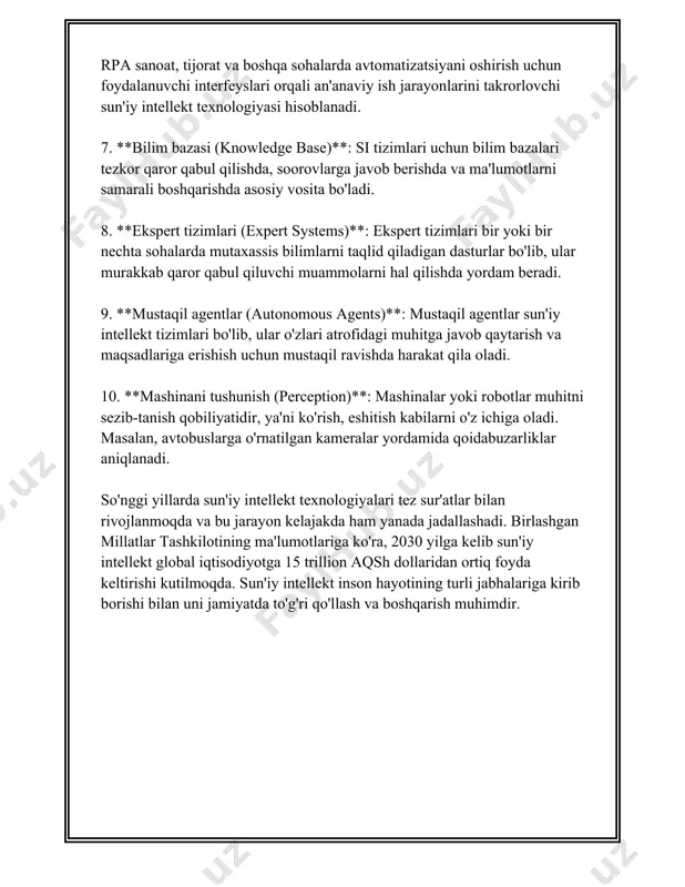 odel real qiymatlar bilan ishlaydi, masalan, uylarning narxini bashorat qilish. - **logistik regressiya**: bu algoritm tasniflash vazifalari uchun ishlatiladi. u kirish ma'lumotlariga esa poisson taqsimoti orqali ahamiyatlilik darajasini belgilaydi. - **chiziqli regressiya**: bu regressiya muammolarini yechishda ishlatiladi. masalan, qaysidir o'lchovning vaqt orasida qanday o'zgarishini prognoz qilish uchun. 2. **nazorat qilinmaydigan o'rganish**: bu usulda modelga kirish ma'lumotlari beriladi, lekin ma'lumotlarning kirish-chiqish juftliklari belgilanmagan bo'ladi. maqsad, ma'lumotlar orasidagi yashirin tuzilmalarni aniqlashdir. - **k-means klasterlash**: ushbu algoritm ma'lumotlarni k ta klasterga ajratadi. har bir klaster ichida ma'lumotlar o'zaro yaqin bo'lishi kerak. - **asossiz komponent tahlili (pca)**: ushbu algoritm ko'p o'lchovli ma'lumotlarni o'lchamlarini kamaytirish uchun ishlatiladi va ma'lumotlarning asosiy komponentlarini ajratadi. 3. **yarim nazoratli o'rganish**: bu usulda ma'lumotlar orasida ba'zilari belgilangan va ba'zilari belgilangan emas. yarim nazoratli o'rganish usullari belgilangan ma'lumotlardan foydalanib, belgilangan bo'lmagan ma'lumotlarni ham o'rganish va ular ustida bashorat qilishga qaratilgan. 4. **mustahkamlash orqali o'rganish**: bu usulda agent o'z muhitidan qanday turdagi …