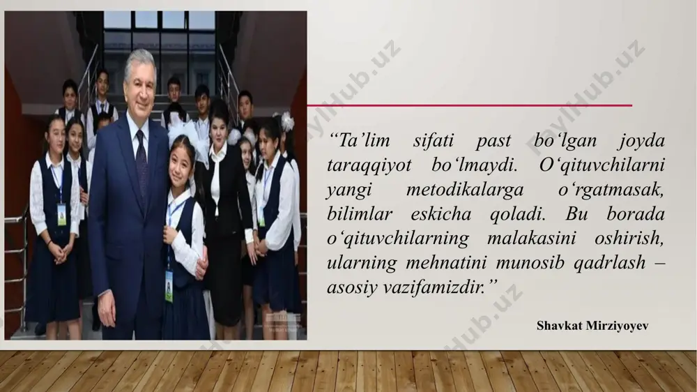 strategiyasi to‘g‘risida mavzuga oid adabiyotlar tahlili q. yo‘ldoshev a.jo‘raev – ta’lim tizimida innovatsiyalar. toshkent: tdpu nashriyoti, 2020. sh.bobojonov d. jo‘raev– ta’limdagi zamonaviy muammolar va ularning ijtimoiy-psixologik jihatlari. toshkent, 2022. a.schleicher – world class: how to build a 21st-century school system. oecd, 2018. internet manbalari: chatgpt youtube muammo yuzasidan xorijiy tajribalarni o‘rganilganligi hindiston indoneziya germaniya 1.ijtimoiy tengsizlik va ta’limga kirishdagi farqlar: 2. ta’limda sifat farqlari: 3. raqamli tafovut 1. o‘qituvchilarning malakasi va kasbiy rivojlanish: 2. ta’limda raqamli tafovut: 3. ta’limda stress va psixologik muammolar: raqamli ta’lim va infratuzilmaning yetarli emasligi: karyera va ta’limning segmentatsiyasi: migratsiya va multikulturalizm: t/r amaldagi holat (o‘zbekistonda) amaldagi holat (xorijda) taklif barcha maktablarda hamma uchun 11 yilik majburiy ta’lim mavjud har bir maktab uchun yagona ta’lim dasturi ishlab chiqilgan hozirgi kunda har bir maktabga internet tarmoqlari bilan ta’minlangan lekin ayrim maktablar zamonaviy kompuyterlar, elektron doskalar, zamonaviy moddiy texnik baza yetishmaydi. shuning uchun hozir ham ayrim maktab o‘qituvchilari …