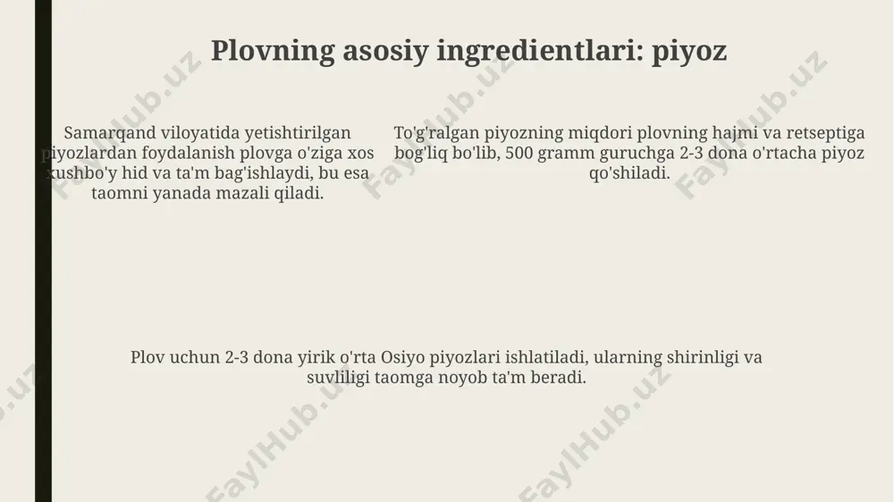 . plovga suv qo'shish miqdori uning xilovatiga, taxminan 1 kg go'sht va 1,5 kg guruch uchun 2-2,5 litr suvni tashkil etadi. samarqandda esa, an'anaviy retseptlarda ko'proq suv ishlatiladi. qaynatish davrida suvning bug'lanishiga e'tibor berish kerak, agar suv juda tez bug'lansa qo'shimcha iliq suv qo'shish mumkin, biroq juda ko'p emas, aks holda plov yumshoq bo'lib qoladi. andijon viloyatida ushbu bosqichga alohida e'tibor berishadi. qadimgi davrlardagi plov qadimgi buxoro va samarqand shaharlarida, milodiy 10-12 asrlarda, plovning 70 dan ortiq retseptlari mavjud bo'lganligi haqida yozma manbalar topilgan. plovning qadimgi variantlari bugungi kunga nisbatan kamroq ziravorlar va yog'lardan foydalanilganini arxeologik tadqiqotlar va o'rta asr xattotlik namunalari tasdiqlaydi. 15-asrga oid tarixiy hujjatlarda, marg'ilon viloyatida tayyorlangan plovning o'ziga xos xususiyatlari, masalan, qo'shimcha mevalardan foydalanilishi haqida qaydlar mavjud. plov tayyorlashning bosqichlari: sabzi va piyozni qovurish ёғ миқдори ош рецептига қараб ўзгаради, лекин 500гр сабзи ва пиёз учун тахминан 150-200гр ўсимлик ёғи етарли бўлади. бу бухоро вилоятидаги анъанавий …