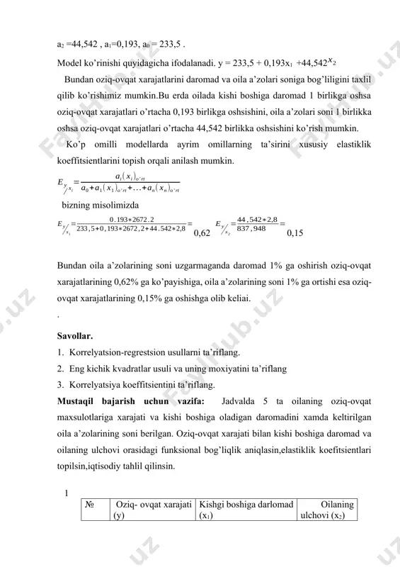 893 685 699 781 880 995 3 4 3 4 4 3 № oziq- ovqat хаrаjаti (y) kishi bоshigа dаrоmаd (х1) оilаning ulchоvi (х2) 1 2 3 4 5 650 725 890 898 1100 783 866 966 1090 1300 3 4 4 3 5 4 № oziq- ovqat хаrаjаti (y) kishi bоshigа dаrоmаd (х1) оilаning ulchоvi (х2) 1 2 3 4 5 780 895 964 1266 1650 1260 1390 1583 1893 2185 3 4 5 4 5 5 № oziq- ovqat хаrаjаti (y) kishi bоshigа dаrоmаd (х1) оilаning ulchоvi (х2) 1 2 3 4 5 966 995 1383 1500 2180 1461 1545 1993 2100 3285 3 4 4 5 5 6 № oziq- ovqat хаrаjаti (y) kishi bоshigа dаrоmаd (х1) оilаning ulchоvi (х2) 1 2 3 4 5 2330 2485 2583 2666 2788 3183 3385 3565 3777 3805 3 4 4 5 4 7 № oziq- ovqat хаrаjаti (y) kishi …