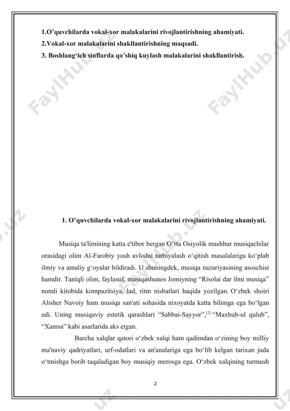 ondoshsa barcha insonlar uchun u yoki bu darajada imkoni bor. tovush balandligini xis etish, ritm xissi, ladlar xissi, garmonik eshitish va boshqa musiqiy elementlarni xis etishni rivojlantirish mumkin. jonli ijro vaqtida musiqiy til orqali borliqni, uning mahnosini tushinishni o‘rganish mumkin. o‘quvchini musiqaning ma'nosini ochishga o‘rgatish o‘kituvchining asosiy vazifalaridan, bu protsessni u musiqiy texnikani o‘zlashtirishi bilan bir vaqtda olib borishi shart. musiqa inson uchun istiroblar, xissiyotlar va obrazlar xaqida so‘zlovchi til bo‘la olishi kerak. bu urinda repertuarni to‘g‘ri tanlash lozim. repertuarni tanlashdan avval oson tushiniladigan, keyinroq, sekin asta kiyinroq asarlarni tanlash maqsadga muvoffiq. xonandani tarbiyalashda ikki vazifani xal etmoq lozim, bular: ijro aparatini ko‘rmoq, ya'ni professional kuylovchi ovozni xonandaning “sozini” va unda ijro etmoq, bular bir biri bilan chambarchas bog‘liqdir. aynan shu narsa xonandaning musiqiy tarbiyasida muhim va mushkul tomondirki, musiqiy sozlarda ijro etuvchilarni tarbiyalashdan tubdan farq qiladi. shuning uchun bu etapda o‘qituvchi xonandaning sozini yaratadi, - ya'ni “ovozni tarbiyalash” vazifasini …